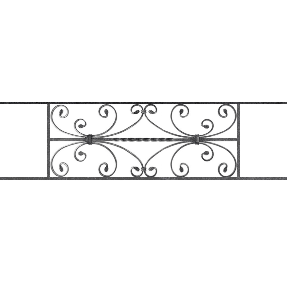 Appui de fenêtre type AF003 à sceller dans votre tableau de fenêtre. Longueur finie de 1170mm et Hauteur finie de 320mm. Convient pour les tableaux de fenêtre de 1070mm. 50mm de scellement sont prévue de chaque côté. Main courante laminée de 1070mm de long en fer forgé sur le dessus. Motif au centre de 760mm de long par 300mm de haut. Le reste de la structure est en acier carré plein de 12mm de section.