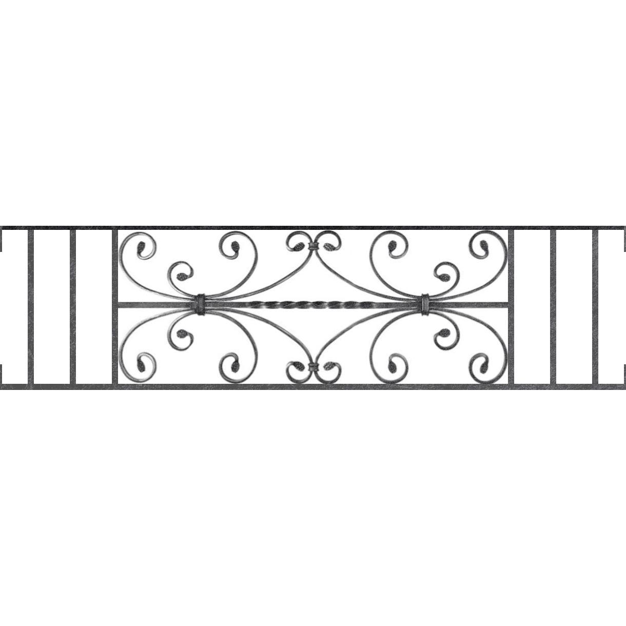 Appui de fenêtre type AF003 à visser dans votre tableau de fenêtre. Longueur finie de 1220mm et Hauteur finie de 320mm. Convient pour les tableaux de fenêtre de 1220mm. Main courante laminée de 1220mm de long en fer forgé sur le dessus. Motif au centre de 760mm de long par 300mm de haut. Le reste de la structure est en acier carré plein de 12mm de section.