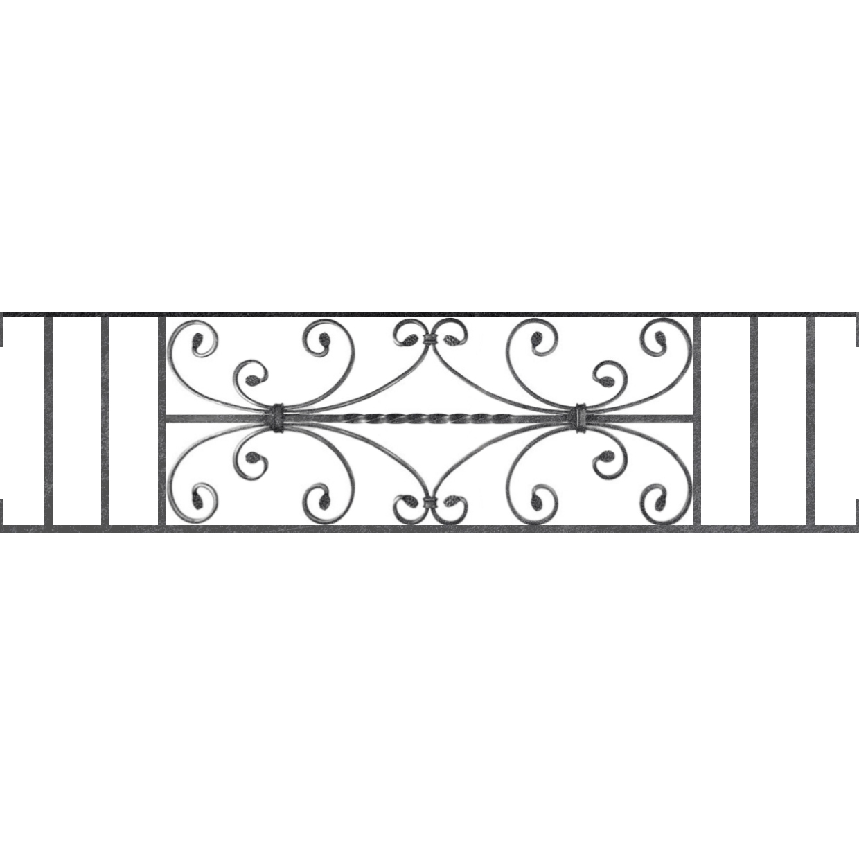 Appui de fenêtre type AF003 à visser dans votre tableau de fenêtre. Longueur finie de 1240mm et Hauteur finie de 320mm. Convient pour les tableaux de fenêtre de 1240mm. Main courante laminée de 1240mm de long en fer forgé sur le dessus. Motif au centre de 760mm de long par 300mm de haut. Le reste de la structure est en acier carré plein de 12mm de section.