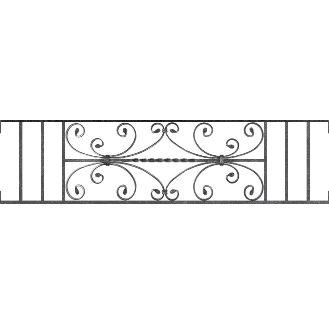 Appui de fenêtre type AF003 à visser dans votre tableau de fenêtre. Longueur finie de 1260mm et Hauteur finie de 320mm. Convient pour les tableaux de fenêtre de 1260mm. Main courante laminée de 1260mm de long en fer forgé sur le dessus. Motif au centre de 760mm de long par 300mm de haut. Le reste de la structure est en acier carré plein de 12mm de section.