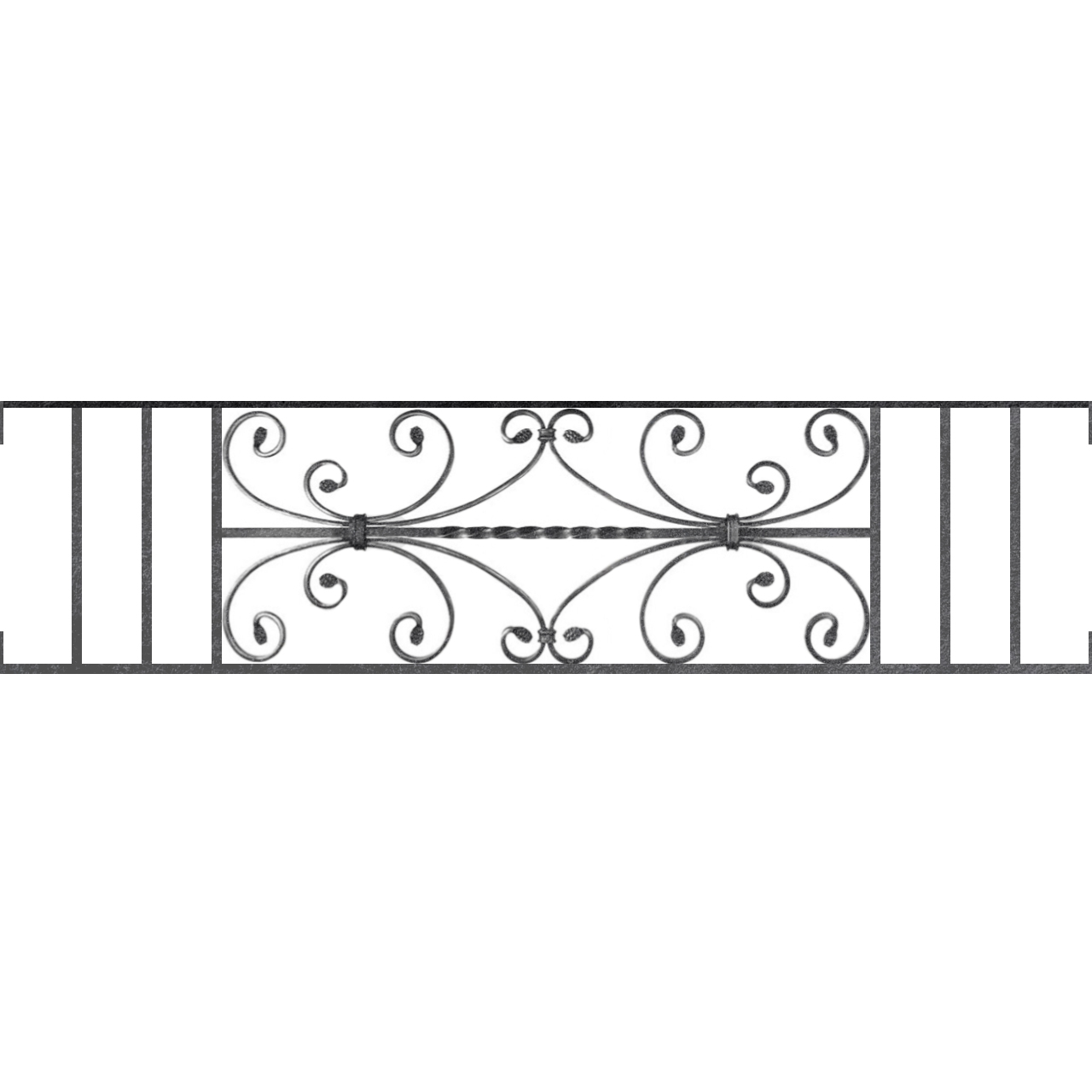 Appui de fenêtre type AF003 à visser dans votre tableau de fenêtre. Longueur finie de 1280mm et Hauteur finie de 320mm. Convient pour les tableaux de fenêtre de 1280mm. Main courante laminée de 1280mm de long en fer forgé sur le dessus. Motif au centre de 760mm de long par 300mm de haut. Le reste de la structure est en acier carré plein de 12mm de section.