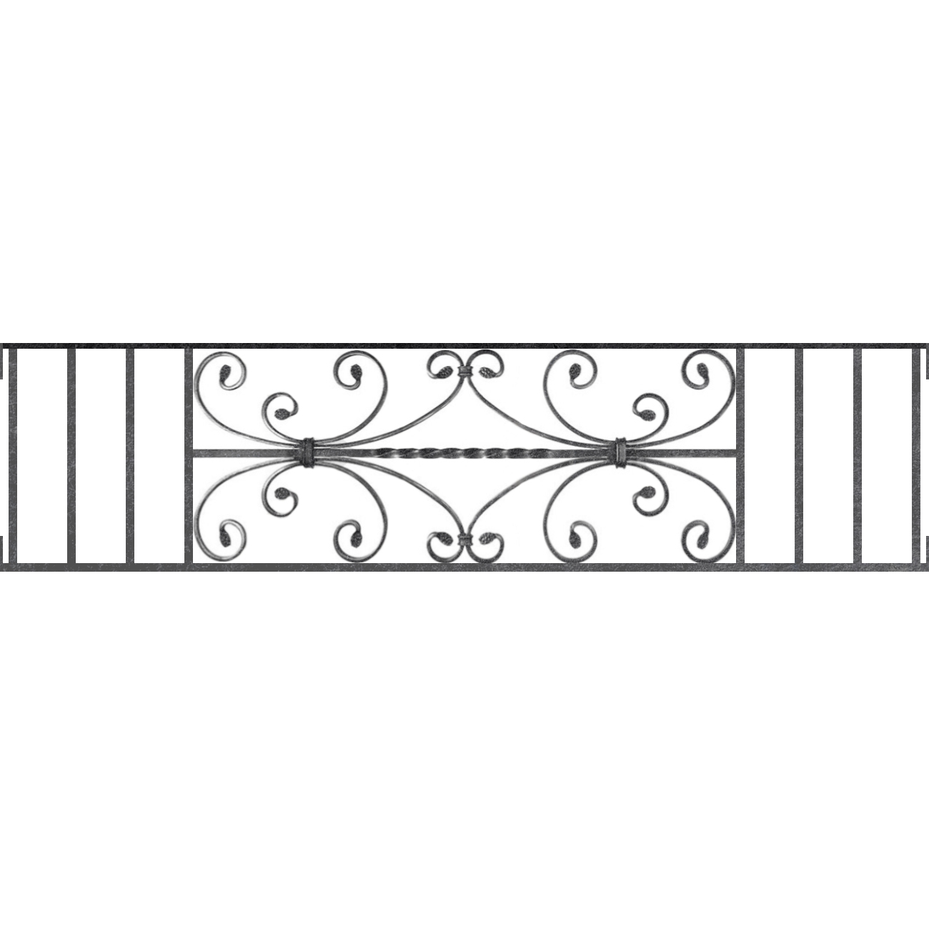 Appui de fenêtre type AF003 à visser dans votre tableau de fenêtre. Longueur finie de 1300mm et Hauteur finie de 320mm. Convient pour les tableaux de fenêtre de 1300mm. Main courante laminée de 1300mm de long en fer forgé sur le dessus. Motif au centre de 760mm de long par 300mm de haut. Le reste de la structure est en acier carré plein de 12mm de section.