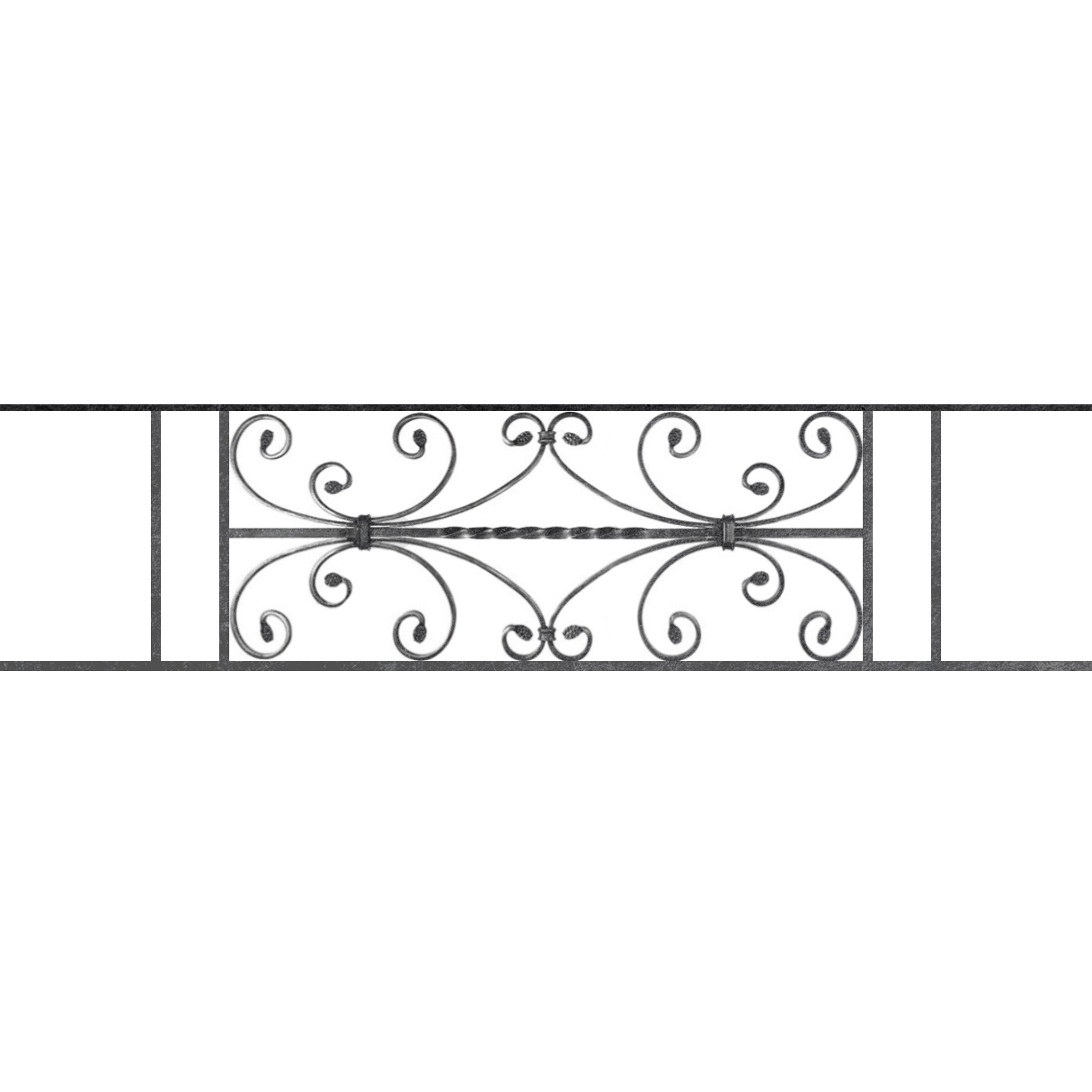 Appui de fenêtre type AF003 à sceller dans votre tableau de fenêtre. Longueur finie de 1310mm et Hauteur finie de 320mm. Convient pour les tableaux de fenêtre de 1210mm. 50mm de scellement sont prévue de chaque côté. Main courante laminée de 1210mm de long en fer forgé sur le dessus. Motif au centre de 760mm de long par 300mm de haut. Le reste de la structure est en acier carré plein de 12mm de section.