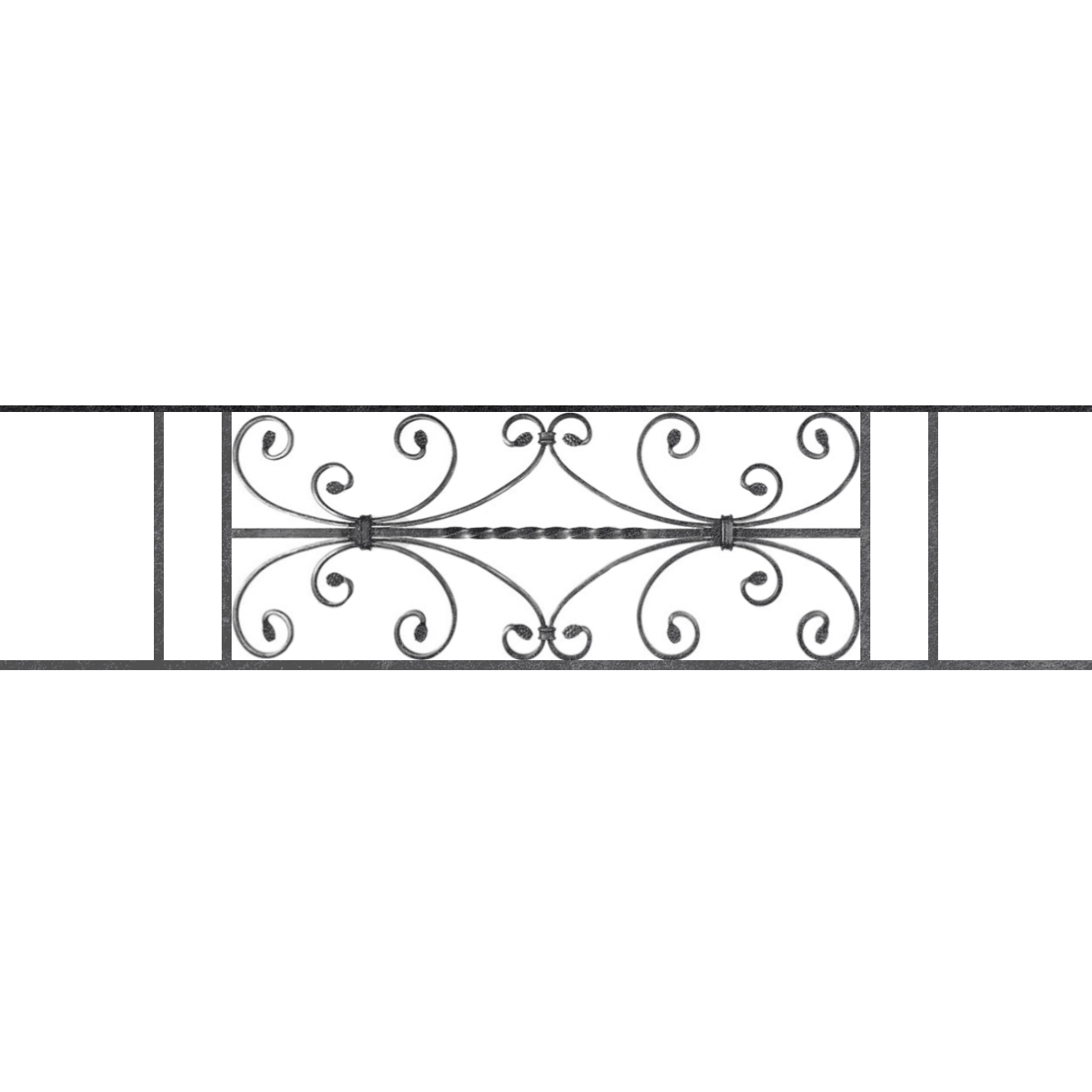 Appui de fenêtre type AF003 à sceller dans votre tableau de fenêtre. Longueur finie de 1320mm et Hauteur finie de 320mm. Convient pour les tableaux de fenêtre de 1220mm. 50mm de scellement sont prévue de chaque côté. Main courante laminée de 1220mm de long en fer forgé sur le dessus. Motif au centre de 760mm de long par 300mm de haut. Le reste de la structure est en acier carré plein de 12mm de section.