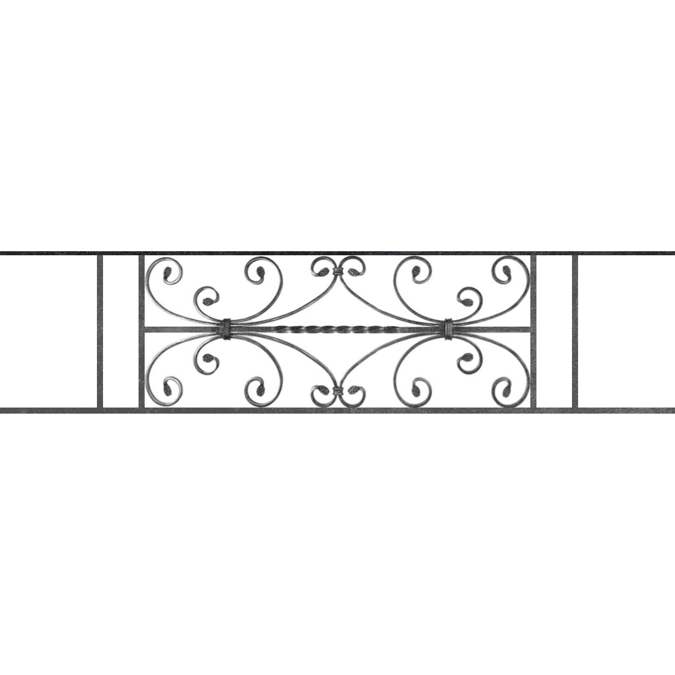 Appui de fenêtre type AF003 à sceller dans votre tableau de fenêtre. Longueur finie de 1330mm et Hauteur finie de 320mm. Convient pour les tableaux de fenêtre de 1230mm. 50mm de scellement sont prévue de chaque côté. Main courante laminée de 1230mm de long en fer forgé sur le dessus. Motif au centre de 760mm de long par 300mm de haut. Le reste de la structure est en acier carré plein de 12mm de section.