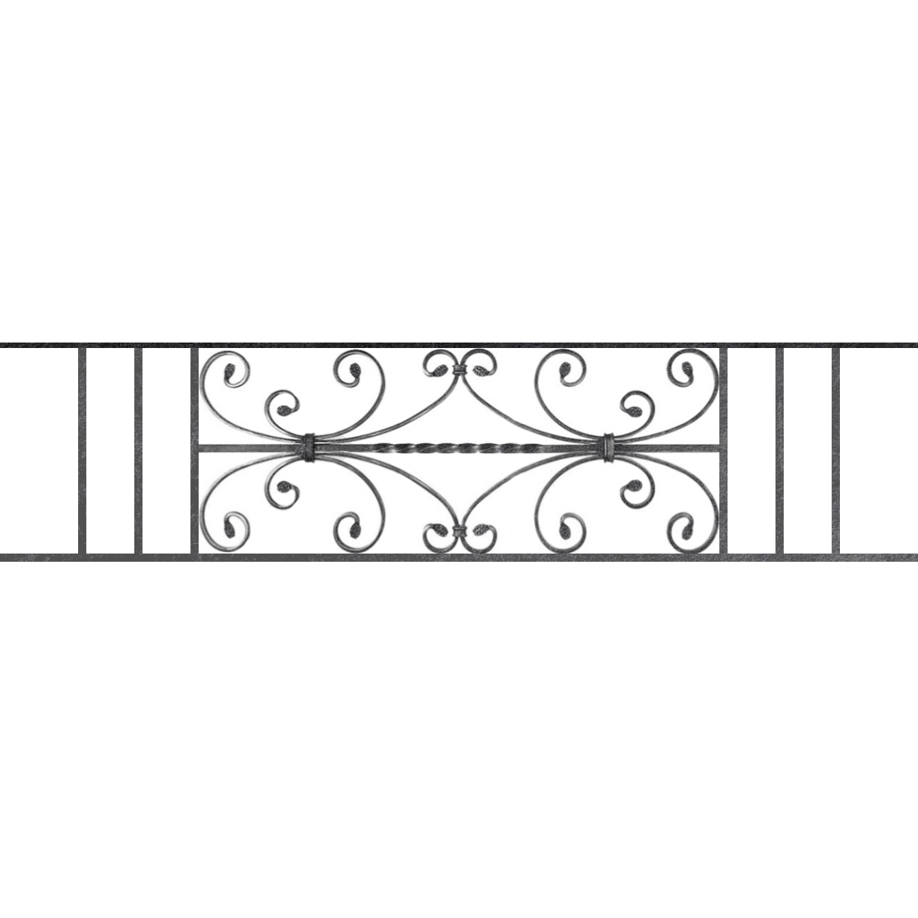 Appui de fenêtre type AF003 à sceller dans votre tableau de fenêtre. Longueur finie de 1340mm et Hauteur finie de 320mm. Convient pour les tableaux de fenêtre de 1240mm. 50mm de scellement sont prévue de chaque côté. Main courante laminée de 1240mm de long en fer forgé sur le dessus. Motif au centre de 760mm de long par 300mm de haut. Le reste de la structure est en acier carré plein de 12mm de section.