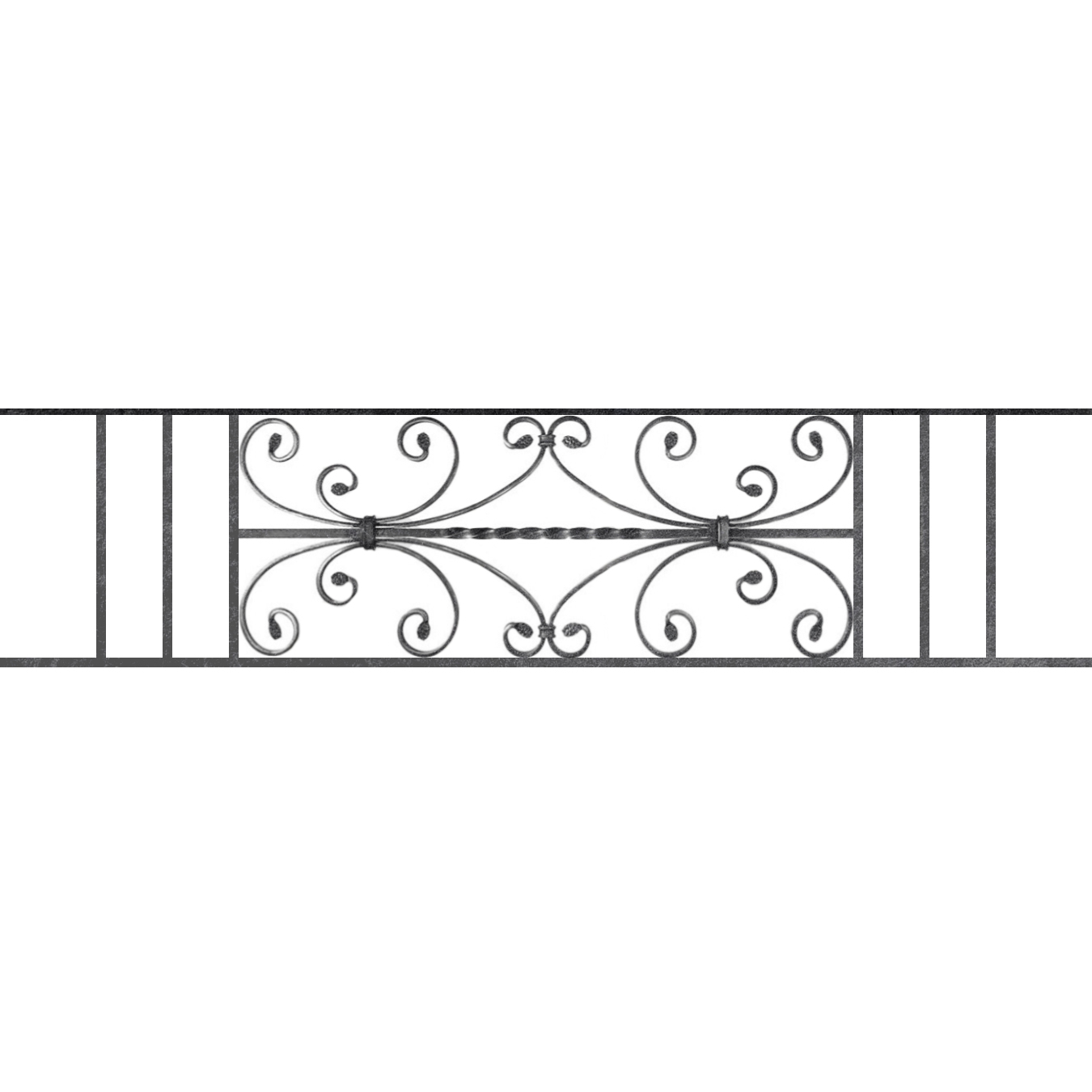 Appui de fenêtre type AF003 à sceller dans votre tableau de fenêtre. Longueur finie de 1350mm et Hauteur finie de 320mm. Convient pour les tableaux de fenêtre de 1250mm. 50mm de scellement sont prévue de chaque côté. Main courante laminée de 1250mm de long en fer forgé sur le dessus. Motif au centre de 760mm de long par 300mm de haut. Le reste de la structure est en acier carré plein de 12mm de section.