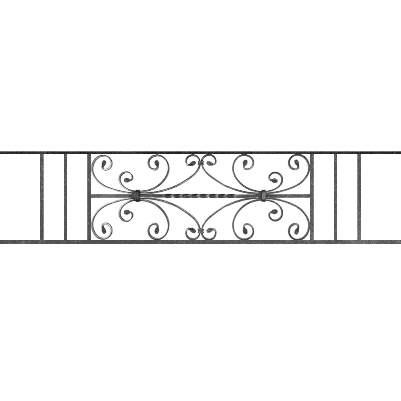 Appui de fenêtre type AF003 à sceller dans votre tableau de fenêtre. Longueur finie de 1390mm et Hauteur finie de 320mm. Convient pour les tableaux de fenêtre de 1290mm. 50mm de scellement sont prévue de chaque côté. Main courante laminée de 1290mm de long en fer forgé sur le dessus. Motif au centre de 760mm de long par 300mm de haut. Le reste de la structure est en acier carré plein de 12mm de section.