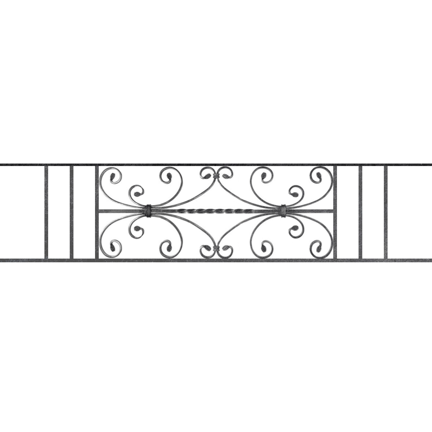 Appui de fenêtre type AF003 à sceller dans votre tableau de fenêtre. Longueur finie de 1400mm et Hauteur finie de 320mm. Convient pour les tableaux de fenêtre de 1300mm. 50mm de scellement sont prévue de chaque côté. Main courante laminée de 1300mm de long en fer forgé sur le dessus. Motif au centre de 760mm de long par 300mm de haut. Le reste de la structure est en acier carré plein de 12mm de section.