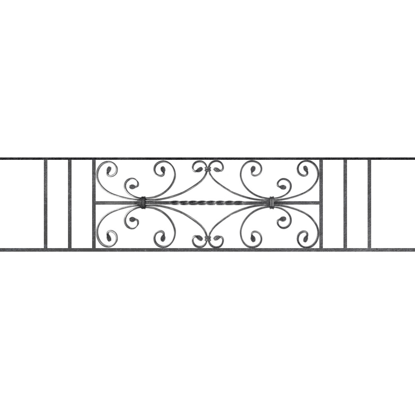 Appui de fenêtre type AF003 à sceller dans votre tableau de fenêtre. Longueur finie de 1410mm et Hauteur finie de 320mm. Convient pour les tableaux de fenêtre de 1310mm. 50mm de scellement sont prévue de chaque côté. Main courante laminée de 1310mm de long en fer forgé sur le dessus. Motif au centre de 760mm de long par 300mm de haut. Le reste de la structure est en acier carré plein de 12mm de section.