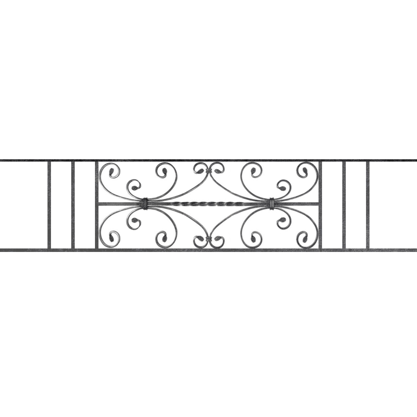 Appui de fenêtre type AF003 à sceller dans votre tableau de fenêtre. Longueur finie de 1440mm et Hauteur finie de 320mm. Convient pour les tableaux de fenêtre de 1340mm. 50mm de scellement sont prévue de chaque côté. Main courante laminée de 1340mm de long en fer forgé sur le dessus. Motif au centre de 760mm de long par 300mm de haut. Le reste de la structure est en acier carré plein de 12mm de section.
