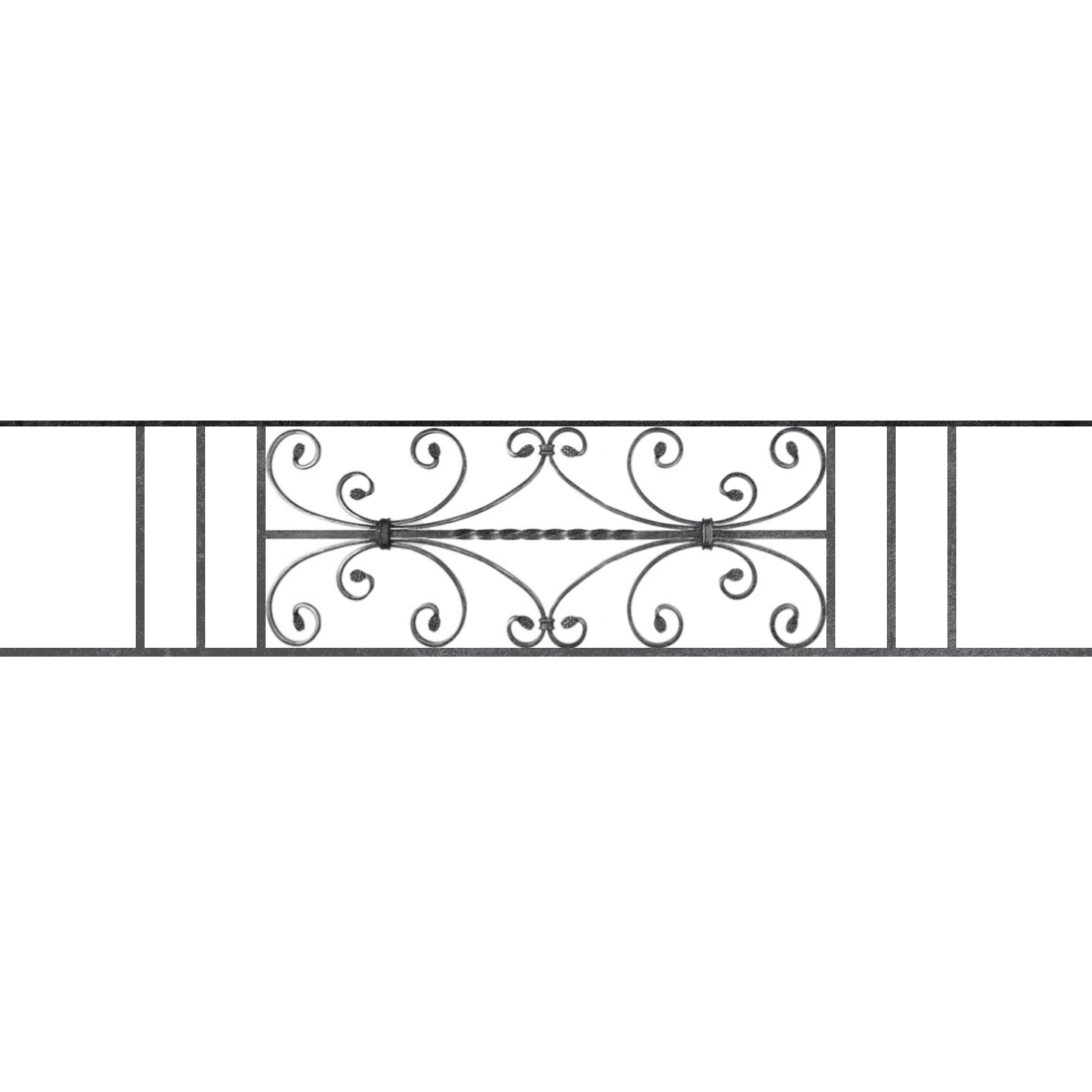 Appui de fenêtre type AF003 à sceller dans votre tableau de fenêtre. Longueur finie de 1480mm et Hauteur finie de 320mm. Convient pour les tableaux de fenêtre de 1380mm. 50mm de scellement sont prévue de chaque côté. Main courante laminée de 1380mm de long en fer forgé sur le dessus. Motif au centre de 760mm de long par 300mm de haut. Le reste de la structure est en acier carré plein de 12mm de section.