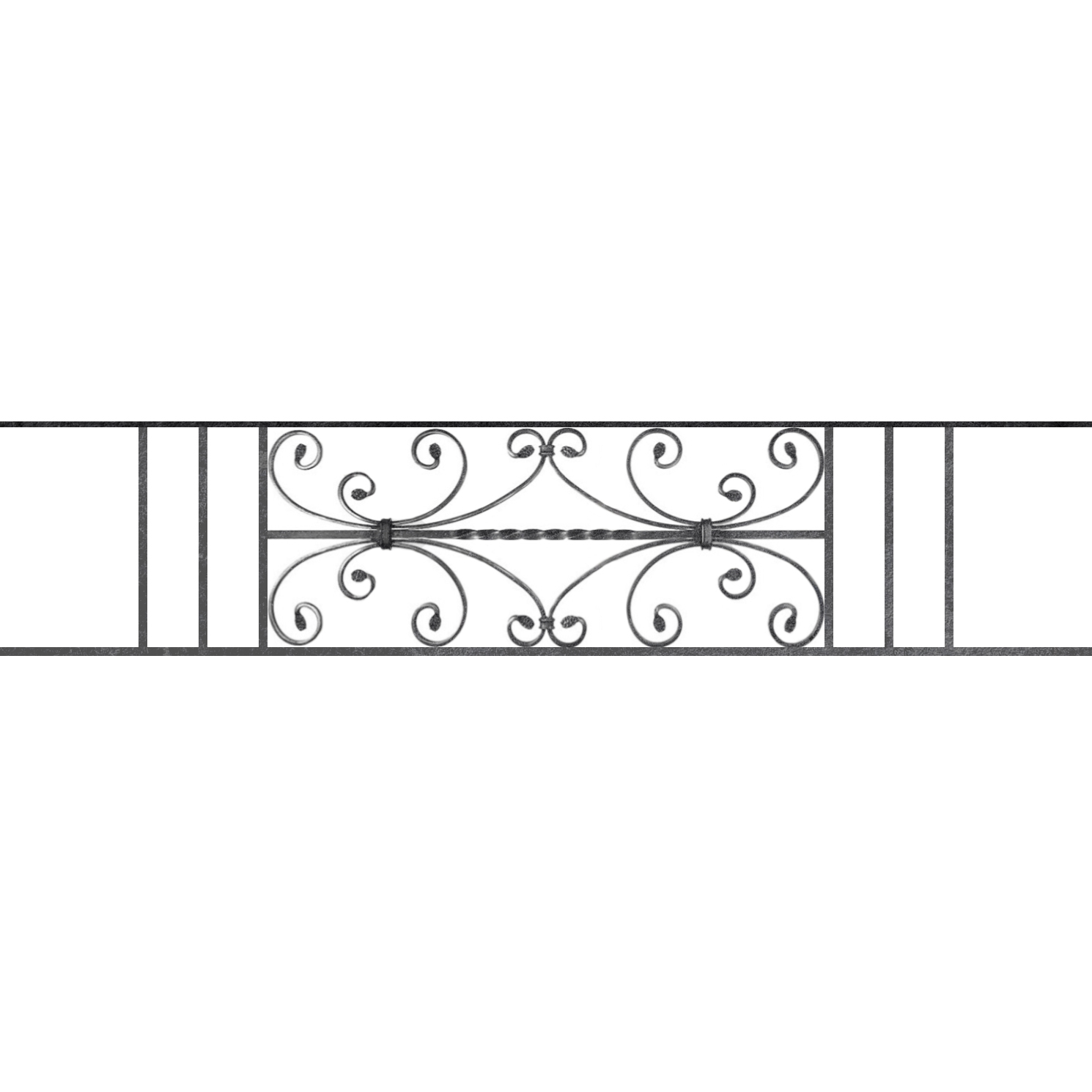 Appui de fenêtre type AF003 à sceller dans votre tableau de fenêtre. Longueur finie de 1490mm et Hauteur finie de 320mm. Convient pour les tableaux de fenêtre de 1390mm. 50mm de scellement sont prévue de chaque côté. Main courante laminée de 1390mm de long en fer forgé sur le dessus. Motif au centre de 760mm de long par 300mm de haut. Le reste de la structure est en acier carré plein de 12mm de section.