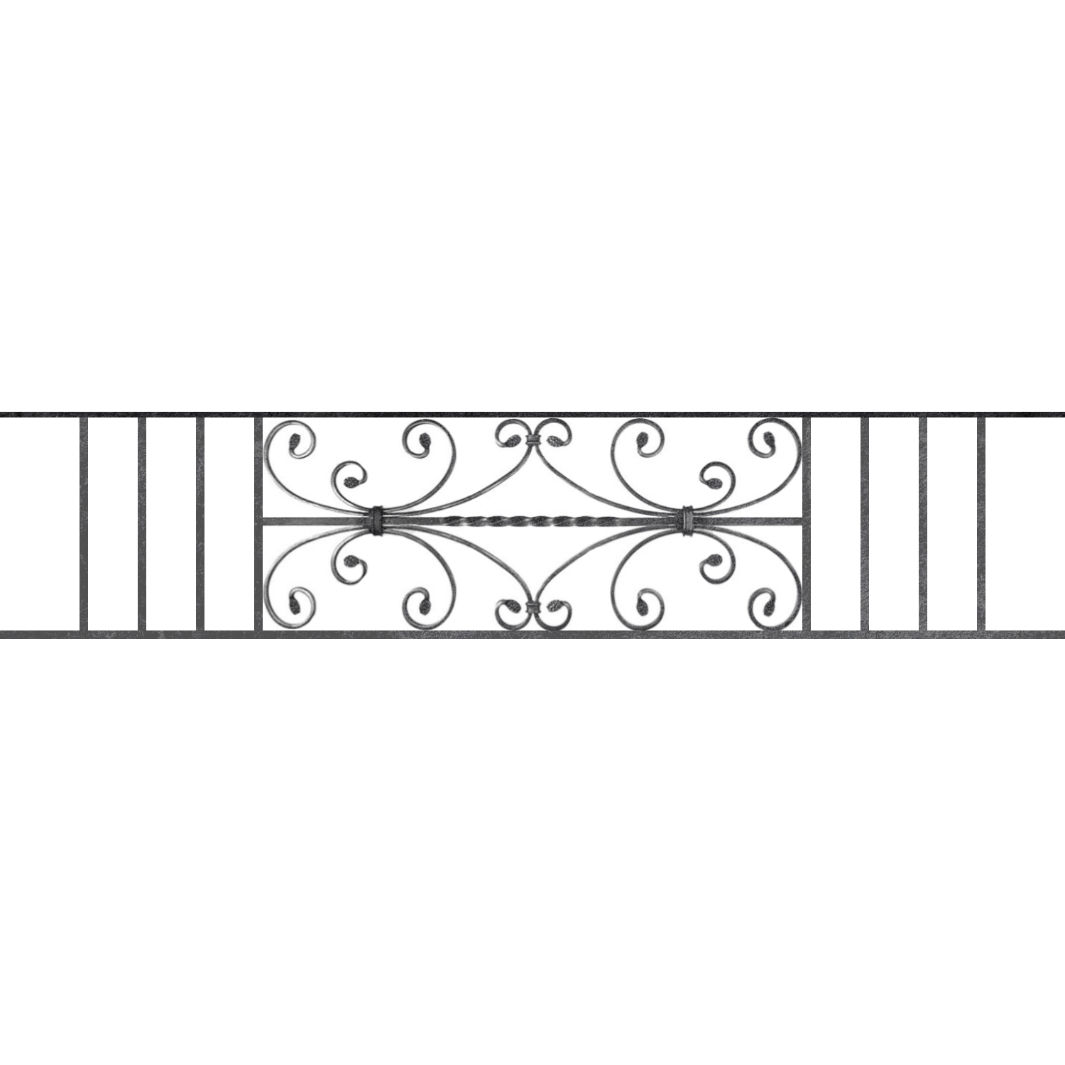 Appui de fenêtre type AF003 à sceller dans votre tableau de fenêtre. Longueur finie de 1500mm et Hauteur finie de 320mm. Convient pour les tableaux de fenêtre de 1400mm. 50mm de scellement sont prévue de chaque côté. Main courante laminée de 1400mm de long en fer forgé sur le dessus. Motif au centre de 760mm de long par 300mm de haut. Le reste de la structure est en acier carré plein de 12mm de section.