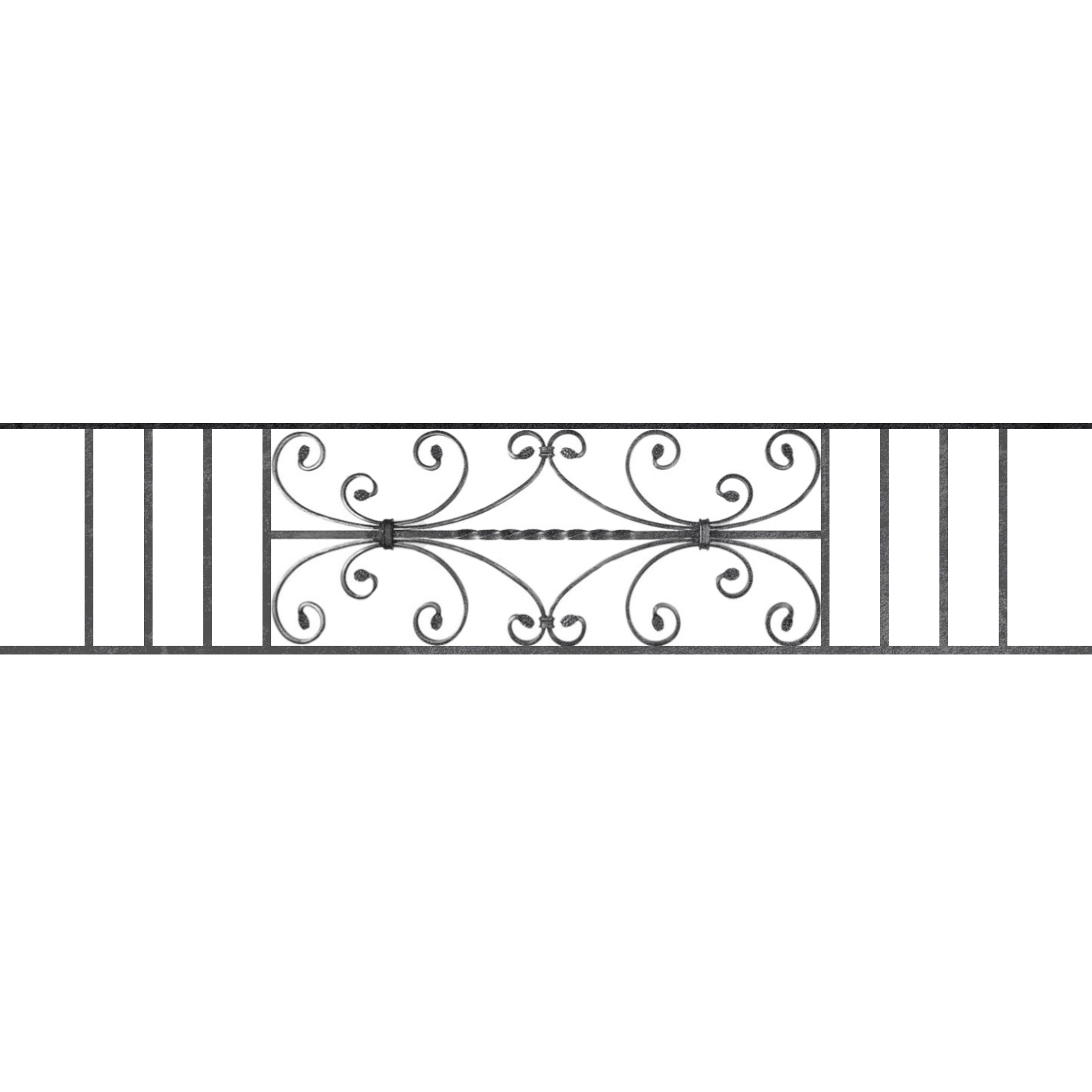Appui de fenêtre type AF003 à sceller dans votre tableau de fenêtre. Longueur finie de 1510mm et Hauteur finie de 320mm. Convient pour les tableaux de fenêtre de 1410mm. 50mm de scellement sont prévue de chaque côté. Main courante laminée de 1410mm de long en fer forgé sur le dessus. Motif au centre de 760mm de long par 300mm de haut. Le reste de la structure est en acier carré plein de 12mm de section.
