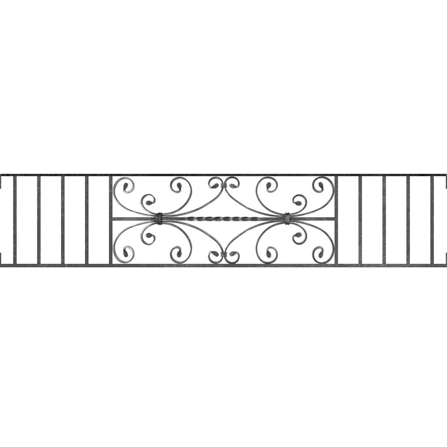 Appui de fenêtre type AF003 à visser dans votre tableau de fenêtre. Longueur finie de 1530mm et Hauteur finie de 320mm. Convient pour les tableaux de fenêtre de 1530mm. Main courante laminée de 1530mm de long en fer forgé sur le dessus. Motif au centre de 760mm de long par 300mm de haut. Le reste de la structure est en acier carré plein de 12mm de section.
