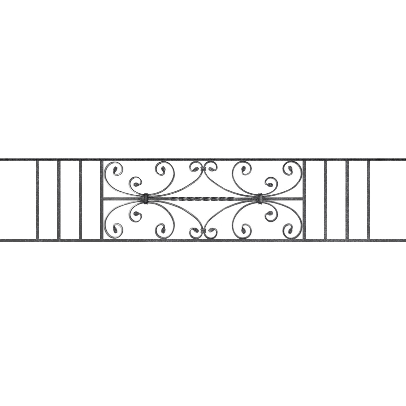 Appui de fenêtre type AF003 à sceller dans votre tableau de fenêtre. Longueur finie de 1550mm et Hauteur finie de 320mm. Convient pour les tableaux de fenêtre de 1450mm. 50mm de scellement sont prévue de chaque côté. Main courante laminée de 1450mm de long en fer forgé sur le dessus. Motif au centre de 760mm de long par 300mm de haut. Le reste de la structure est en acier carré plein de 12mm de section.