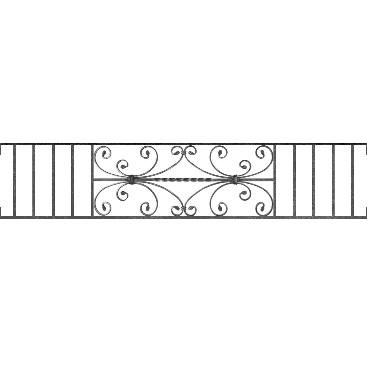 Appui de fenêtre type AF003 à visser dans votre tableau de fenêtre. Longueur finie de 1550mm et Hauteur finie de 320mm. Convient pour les tableaux de fenêtre de 1550mm. Main courante laminée de 1550mm de long en fer forgé sur le dessus. Motif au centre de 760mm de long par 300mm de haut. Le reste de la structure est en acier carré plein de 12mm de section.