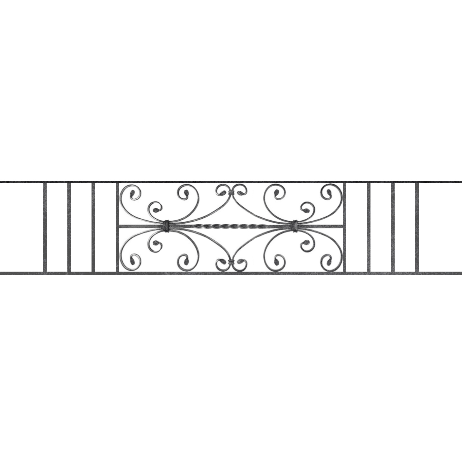 Appui de fenêtre type AF003 à sceller dans votre tableau de fenêtre. Longueur finie de 1570mm et Hauteur finie de 320mm. Convient pour les tableaux de fenêtre de 1470mm. 50mm de scellement sont prévue de chaque côté. Main courante laminée de 1470mm de long en fer forgé sur le dessus. Motif au centre de 760mm de long par 300mm de haut. Le reste de la structure est en acier carré plein de 12mm de section.