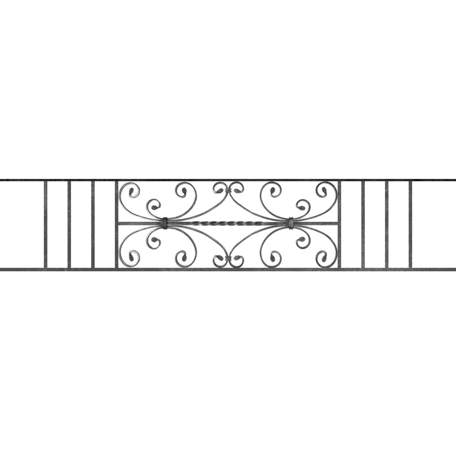 Appui de fenêtre type AF003 à sceller dans votre tableau de fenêtre. Longueur finie de 1580mm et Hauteur finie de 320mm. Convient pour les tableaux de fenêtre de 1480mm. 50mm de scellement sont prévue de chaque côté. Main courante laminée de 1480mm de long en fer forgé sur le dessus. Motif au centre de 760mm de long par 300mm de haut. Le reste de la structure est en acier carré plein de 12mm de section.