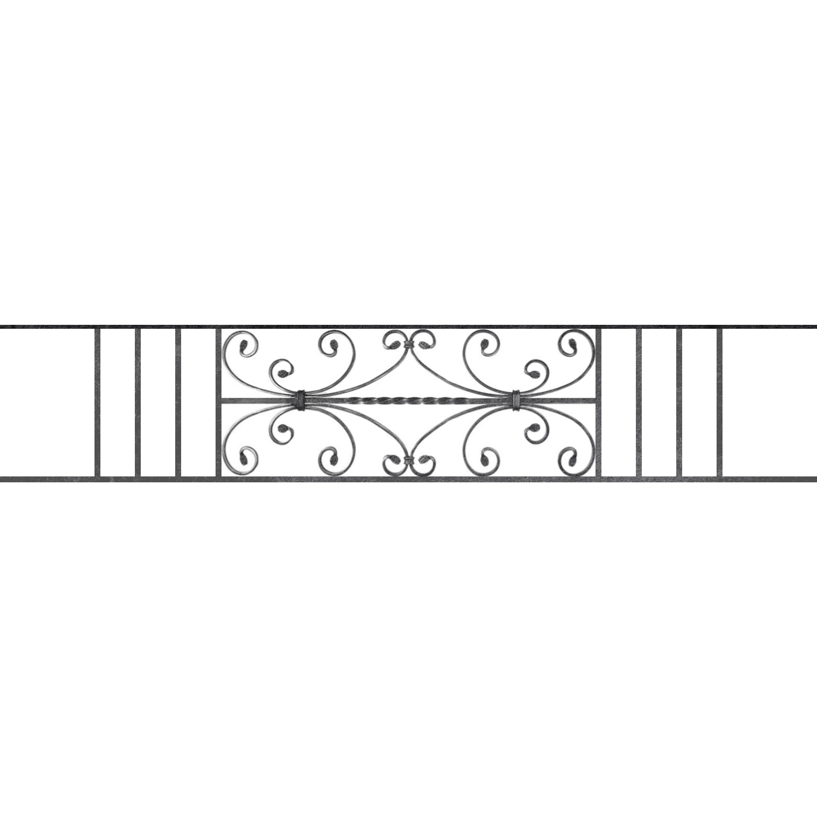 Appui de fenêtre type AF003 à sceller dans votre tableau de fenêtre. Longueur finie de 1660mm et Hauteur finie de 320mm. Convient pour les tableaux de fenêtre de 1560mm. 50mm de scellement sont prévue de chaque côté. Main courante laminée de 1560mm de long en fer forgé sur le dessus. Motif au centre de 760mm de long par 300mm de haut. Le reste de la structure est en acier carré plein de 12mm de section.