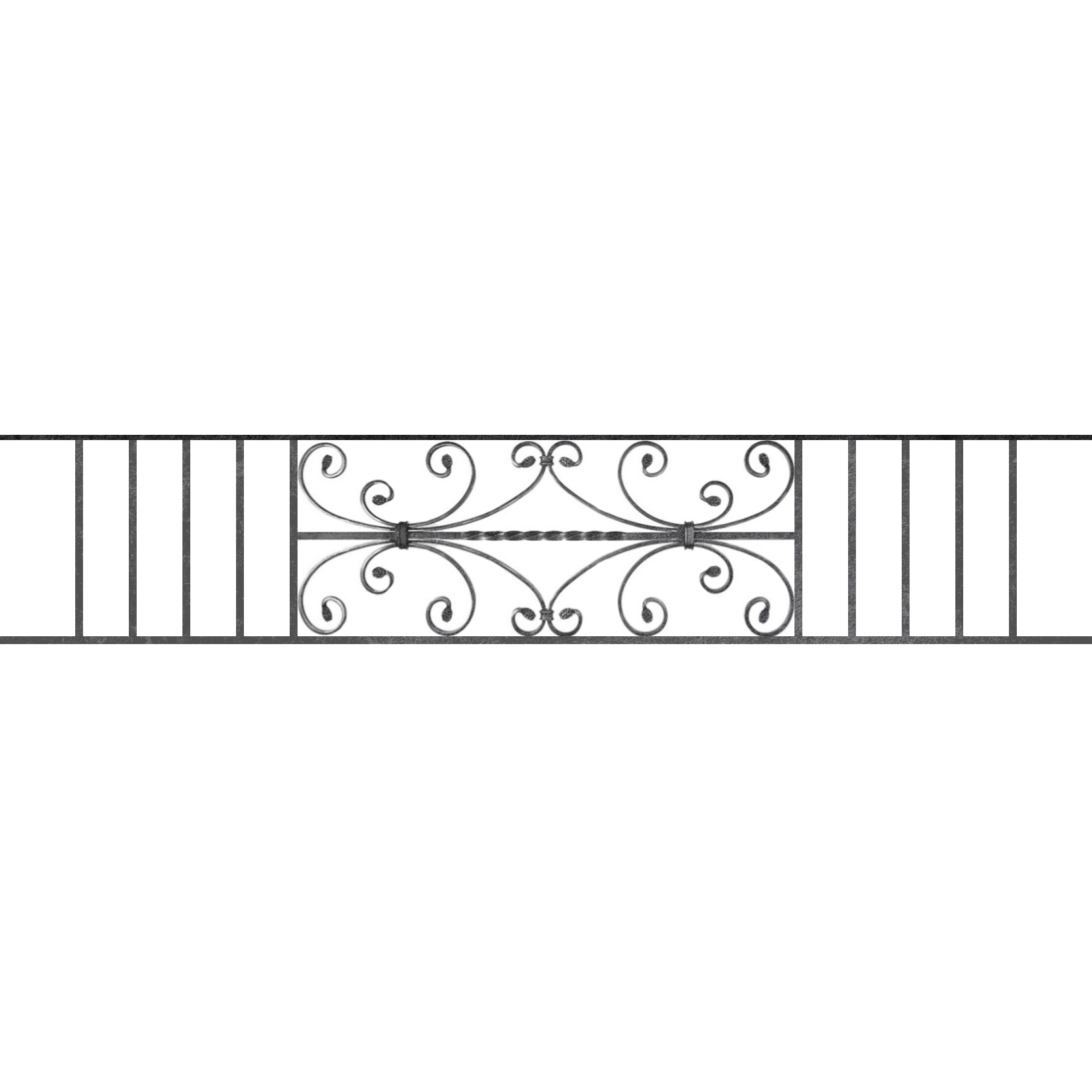 Appui de fenêtre type AF003 à sceller dans votre tableau de fenêtre. Longueur finie de 1670mm et Hauteur finie de 320mm. Convient pour les tableaux de fenêtre de 1570mm. 50mm de scellement sont prévue de chaque côté. Main courante laminée de 1570mm de long en fer forgé sur le dessus. Motif au centre de 760mm de long par 300mm de haut. Le reste de la structure est en acier carré plein de 12mm de section.