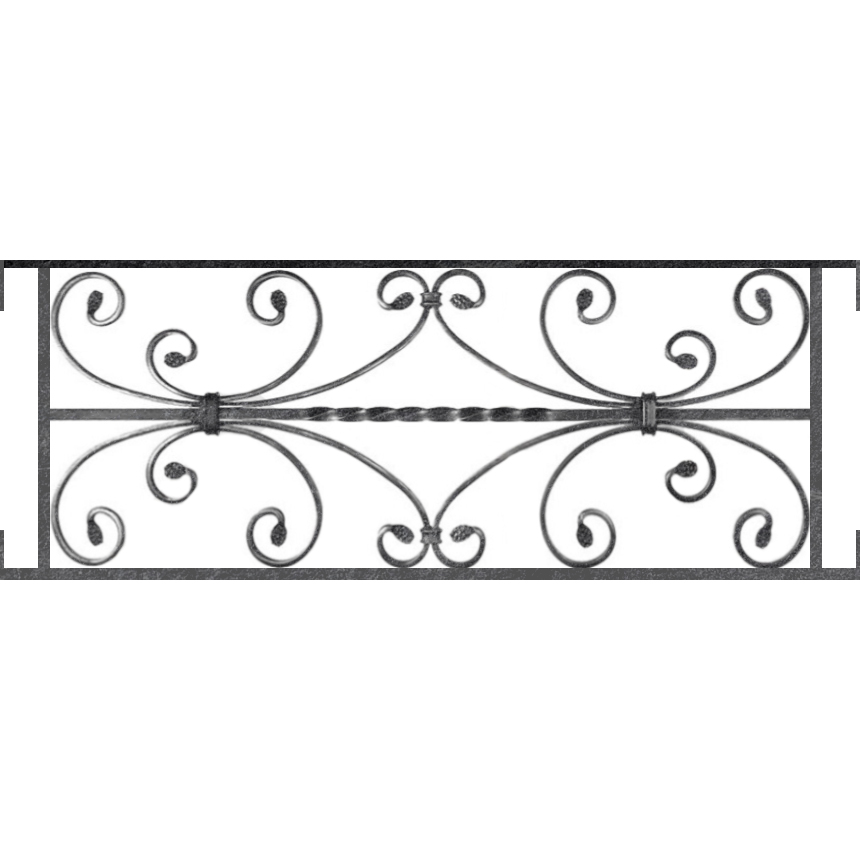 Appui de fenêtre type AF003 à visser dans votre tableau de fenêtre. Longueur finie de 860mm et Hauteur finie de 320mm. Convient pour les tableaux de fenêtre de 860mm. Main courante laminée de 860mm de long en fer forgé sur le dessus. Motif au centre de 760mm de long par 300mm de haut. Le reste de la structure est en acier carré plein de 12mm de section.