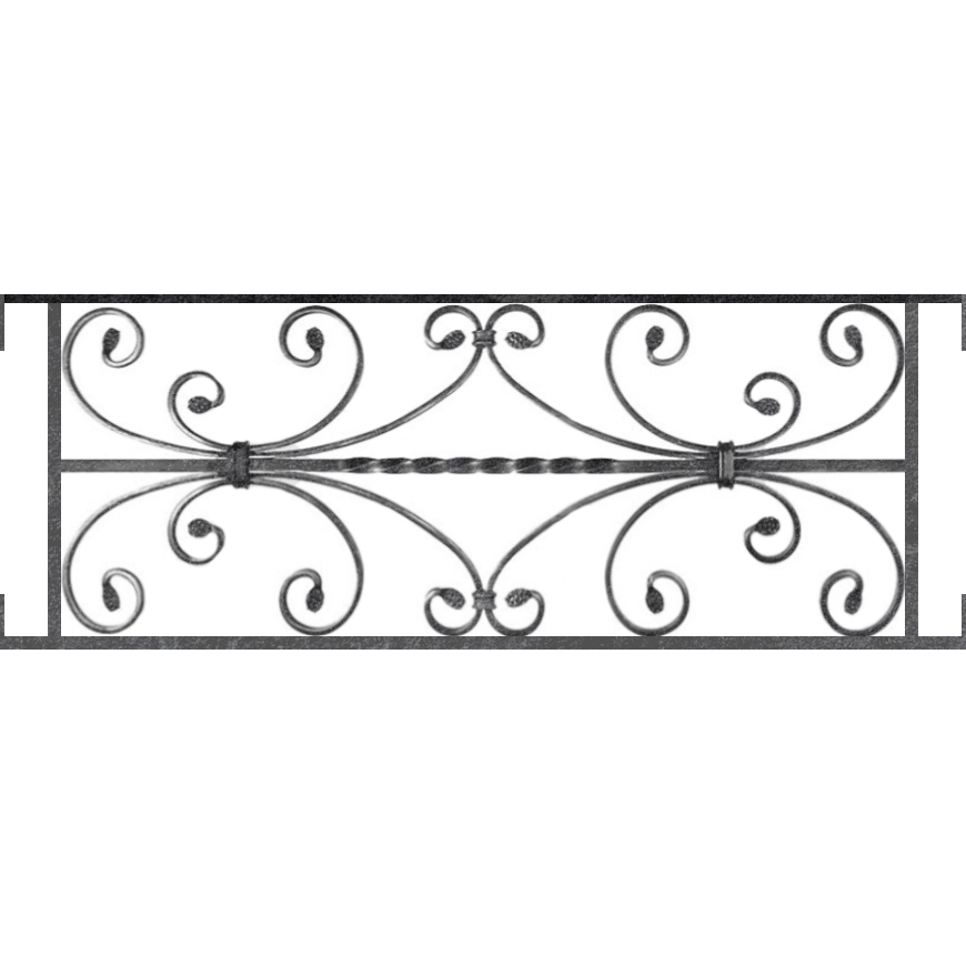 Appui de fenêtre type AF003 à visser dans votre tableau de fenêtre. Longueur finie de 870mm et Hauteur finie de 320mm. Convient pour les tableaux de fenêtre de 870mm. Main courante laminée de 870mm de long en fer forgé sur le dessus. Motif au centre de 760mm de long par 300mm de haut. Le reste de la structure est en acier carré plein de 12mm de section.