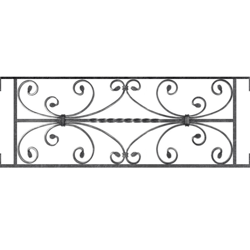 Appui de fenêtre type AF003 à visser dans votre tableau de fenêtre. Longueur finie de 880mm et Hauteur finie de 320mm. Convient pour les tableaux de fenêtre de 880mm. Main courante laminée de 880mm de long en fer forgé sur le dessus. Motif au centre de 760mm de long par 300mm de haut. Le reste de la structure est en acier carré plein de 12mm de section.