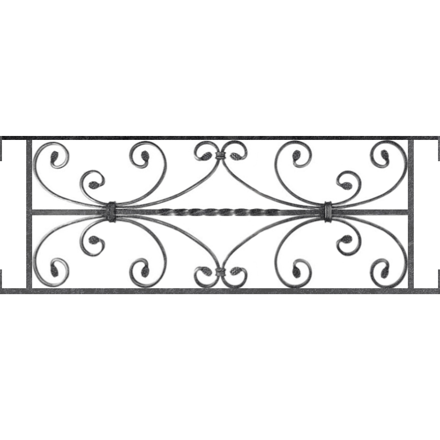 Appui de fenêtre type AF003 à visser dans votre tableau de fenêtre. Longueur finie de 890mm et Hauteur finie de 320mm. Convient pour les tableaux de fenêtre de 890mm. Main courante laminée de 890mm de long en fer forgé sur le dessus. Motif au centre de 760mm de long par 300mm de haut. Le reste de la structure est en acier carré plein de 12mm de section.