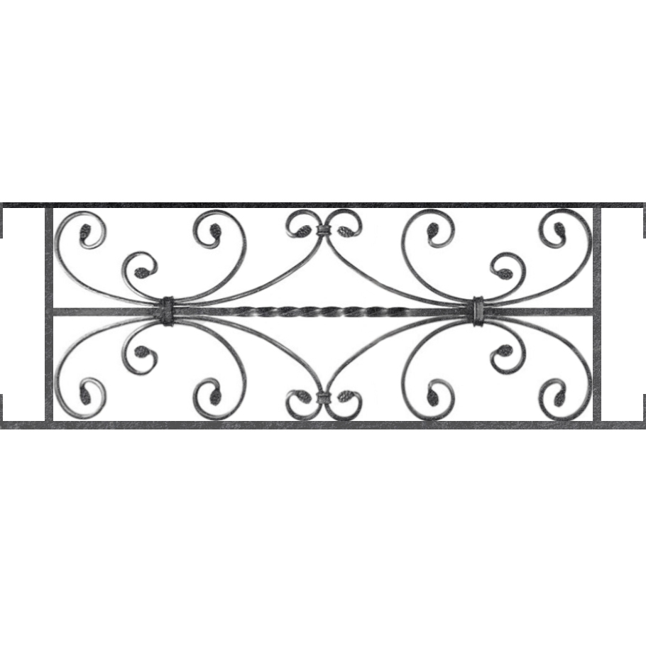 Appui de fenêtre type AF003 à visser dans votre tableau de fenêtre. Longueur finie de 910mm et Hauteur finie de 320mm. Convient pour les tableaux de fenêtre de 910mm. Main courante laminée de 910mm de long en fer forgé sur le dessus. Motif au centre de 760mm de long par 300mm de haut. Le reste de la structure est en acier carré plein de 12mm de section.