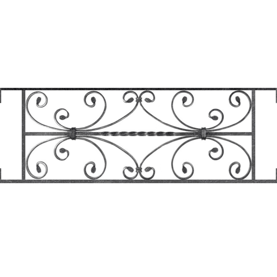 Appui de fenêtre type AF003 à visser dans votre tableau de fenêtre. Longueur finie de 930mm et Hauteur finie de 320mm. Convient pour les tableaux de fenêtre de 930mm. Main courante laminée de 930mm de long en fer forgé sur le dessus. Motif au centre de 760mm de long par 300mm de haut. Le reste de la structure est en acier carré plein de 12mm de section.