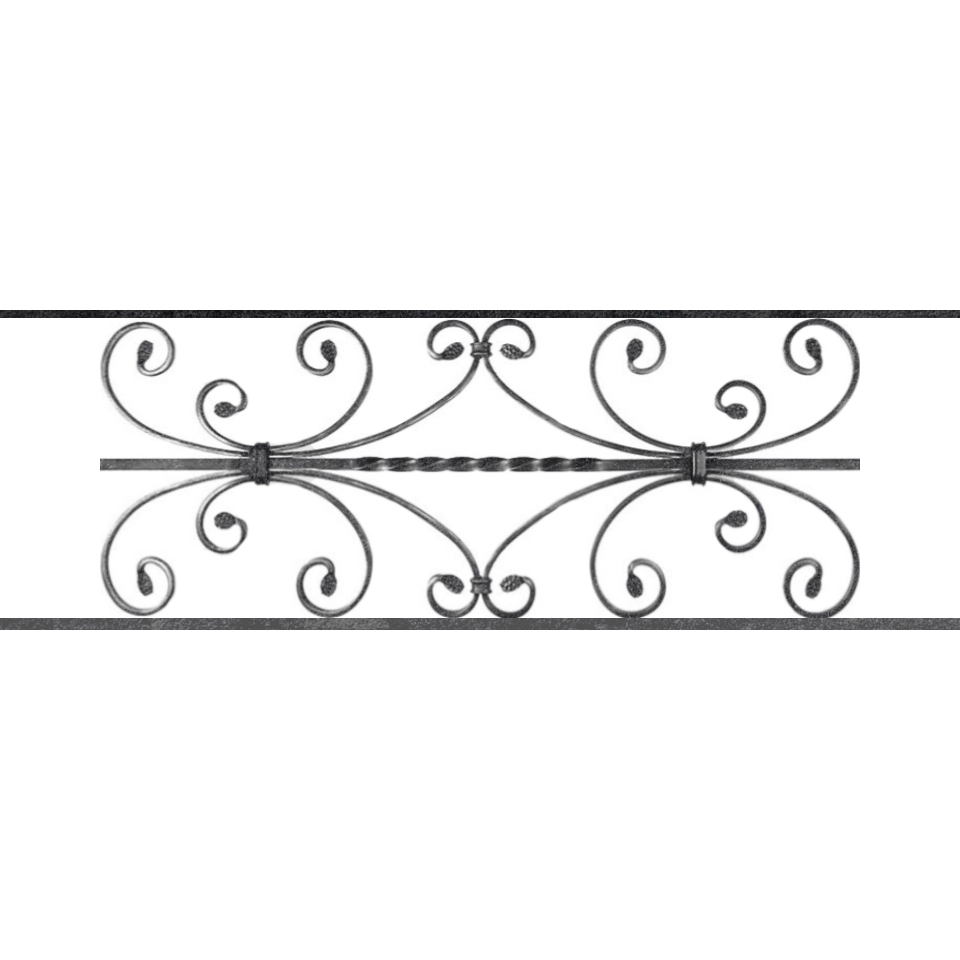 Appui de fenêtre type AF003 à sceller dans votre tableau de fenêtre. Longueur finie de 960mm et Hauteur finie de 320mm. Convient pour les tableaux de fenêtre de 860mm. 50mm de scellement sont prévue de chaque côté. Main courante laminée de 860mm de long en fer forgé sur le dessus. Motif au centre de 760mm de long par 300mm de haut. Le reste de la structure est en acier carré plein de 12mm de section.