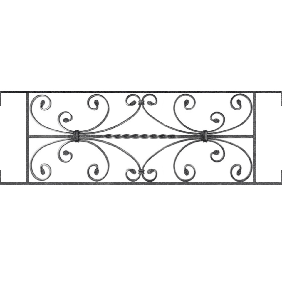 Appui de fenêtre type AF003 à visser dans votre tableau de fenêtre. Longueur finie de 960mm et Hauteur finie de 320mm. Convient pour les tableaux de fenêtre de 960mm. Main courante laminée de 960mm de long en fer forgé sur le dessus. Motif au centre de 760mm de long par 300mm de haut. Le reste de la structure est en acier carré plein de 12mm de section.