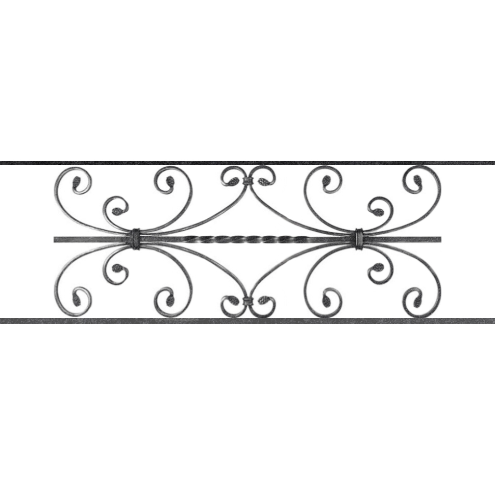 Appui de fenêtre type AF003 à sceller dans votre tableau de fenêtre. Longueur finie de 970mm et Hauteur finie de 320mm. Convient pour les tableaux de fenêtre de 870mm. 50mm de scellement sont prévue de chaque côté. Main courante laminée de 870mm de long en fer forgé sur le dessus. Motif au centre de 760mm de long par 300mm de haut. Le reste de la structure est en acier carré plein de 12mm de section.