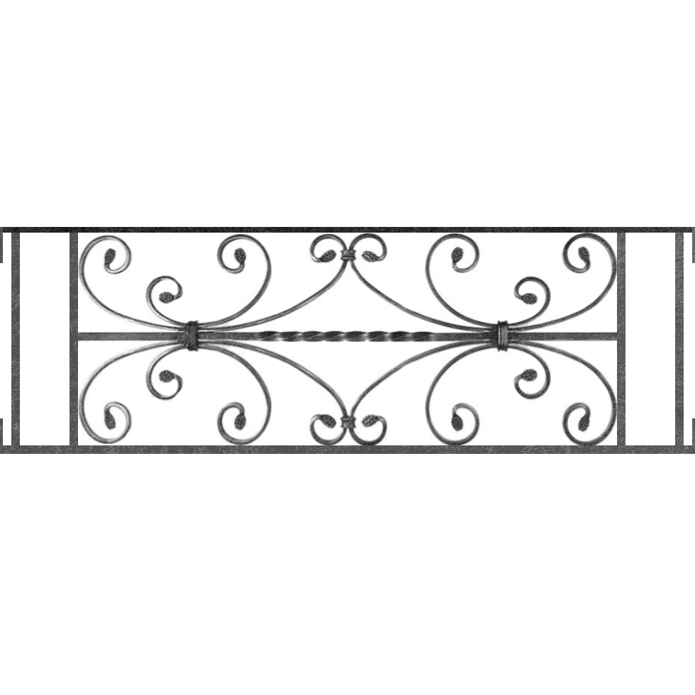 Appui de fenêtre type AF003 à visser dans votre tableau de fenêtre. Longueur finie de 980mm et Hauteur finie de 320mm. Convient pour les tableaux de fenêtre de 980mm. Main courante laminée de 980mm de long en fer forgé sur le dessus. Motif au centre de 760mm de long par 300mm de haut. Le reste de la structure est en acier carré plein de 12mm de section.