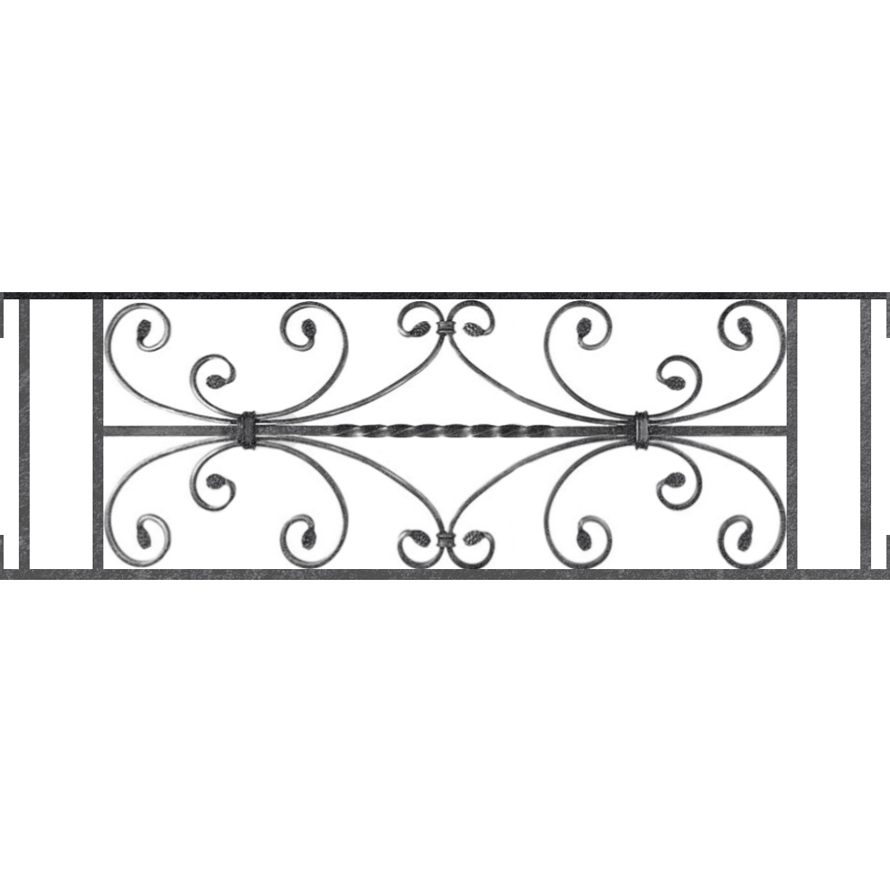 Appui de fenêtre type AF003 à visser dans votre tableau de fenêtre. Longueur finie de 990mm et Hauteur finie de 320mm. Convient pour les tableaux de fenêtre de 990mm. Main courante laminée de 990mm de long en fer forgé sur le dessus. Motif au centre de 760mm de long par 300mm de haut. Le reste de la structure est en acier carré plein de 12mm de section.