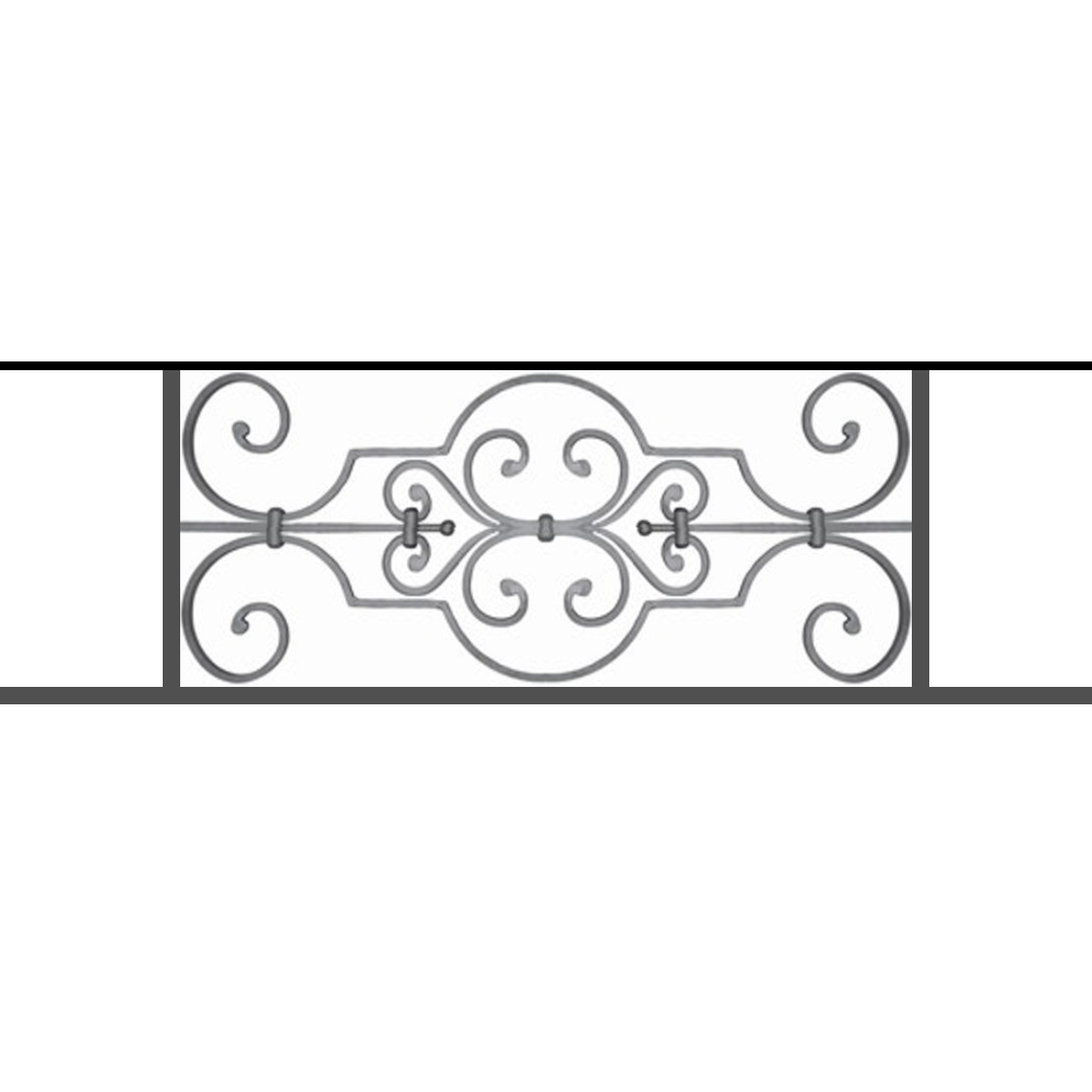 Appui de fenêtre type AF004 à sceller dans votre tableau de fenêtre. Longueur finie de 1000mm et Hauteur finie de 314mm. Convient pour les tableaux de fenêtre de 900mm. 50mm de scellement sont prévue de chaque côté. Main courante laminée de 900mm de long en fer forgé sur le dessus. Motif au centre de 670mm de long par 290mm de haut. Le reste de la structure est en tube acier carré de 16mm de section.