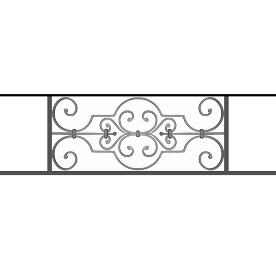 Appui de fenêtre type AF004 à sceller dans votre tableau de fenêtre. Longueur finie de 1070mm et Hauteur finie de 314mm. Convient pour les tableaux de fenêtre de 970mm. 50mm de scellement sont prévue de chaque côté. Main courante laminée de 970mm de long en fer forgé sur le dessus. Motif au centre de 670mm de long par 290mm de haut. Le reste de la structure est en tube acier carré de 16mm de section.