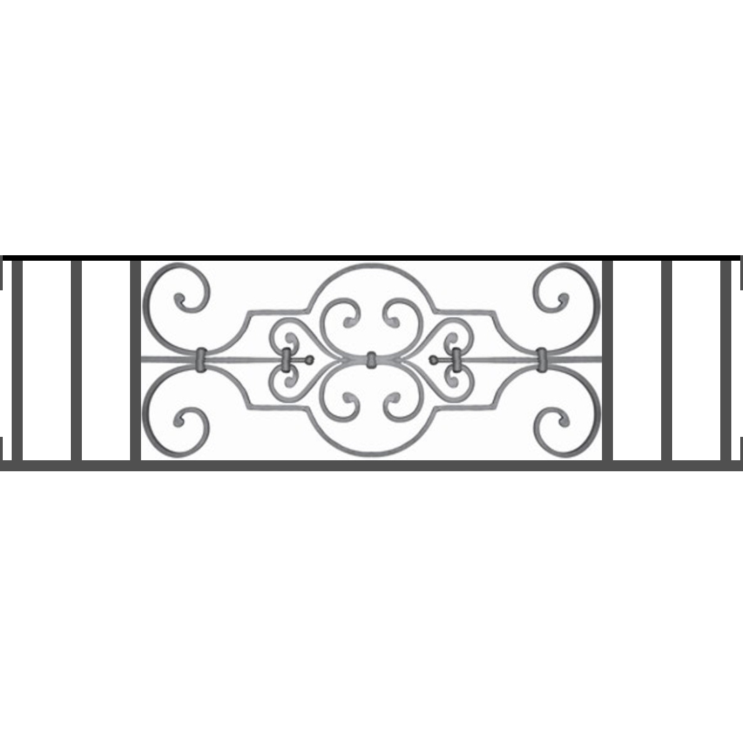 Appui de fenêtre type AF004 à visser dans votre tableau de fenêtre. Longueur finie de 1080mm et Hauteur finie de 314mm. Convient pour les tableaux de fenêtre de 1080mm. Main courante laminée de 1080mm de long en fer forgé sur le dessus. Motif au centre de 670mm de long par 290mm de haut. Le reste de la structure est en tube acier carré de 16mm de section.