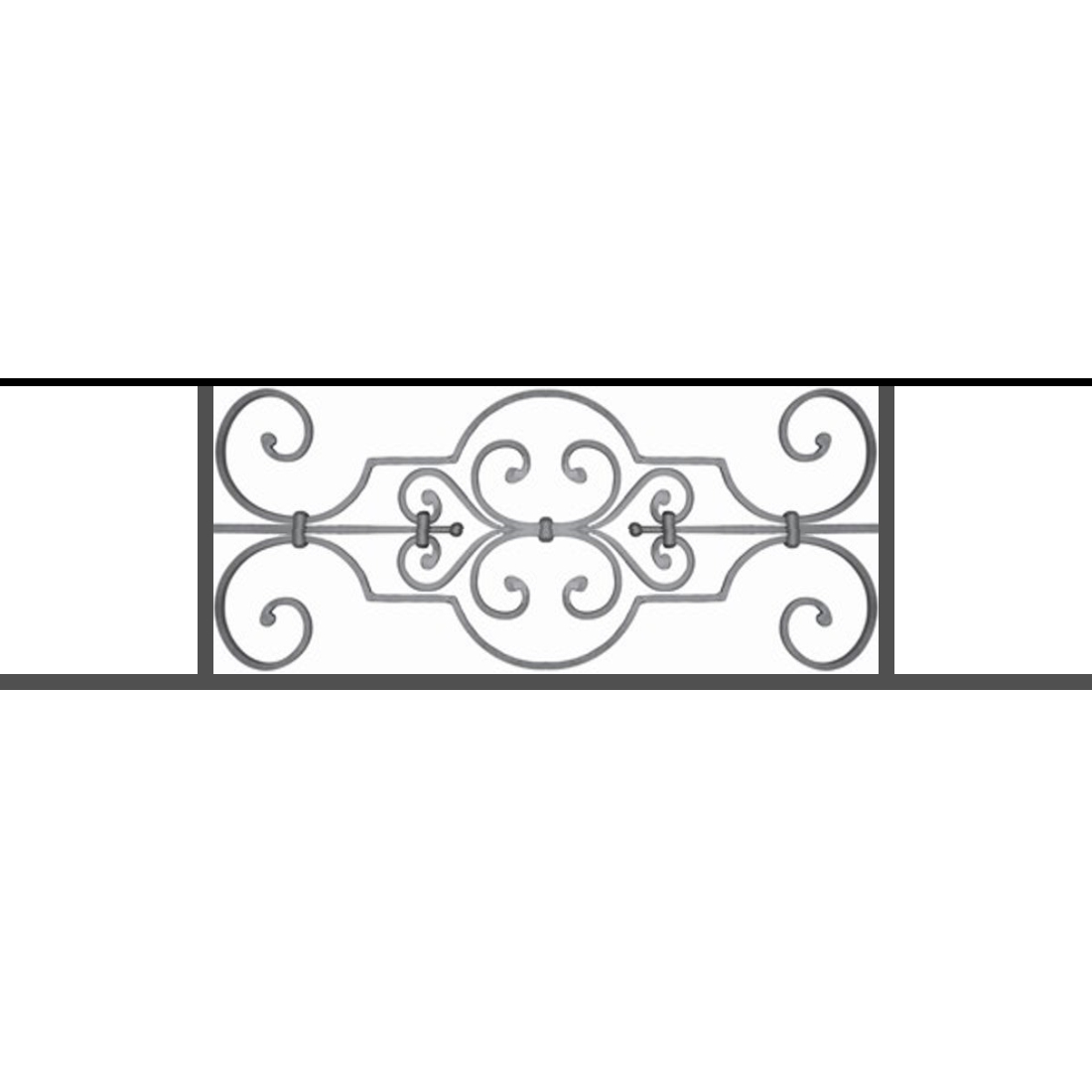 Appui de fenêtre type AF004 à sceller dans votre tableau de fenêtre. Longueur finie de 1100mm et Hauteur finie de 314mm. Convient pour les tableaux de fenêtre de 1000mm. 50mm de scellement sont prévue de chaque côté. Main courante laminée de 1000mm de long en fer forgé sur le dessus. Motif au centre de 670mm de long par 290mm de haut. Le reste de la structure est en tube acier carré de 16mm de section.