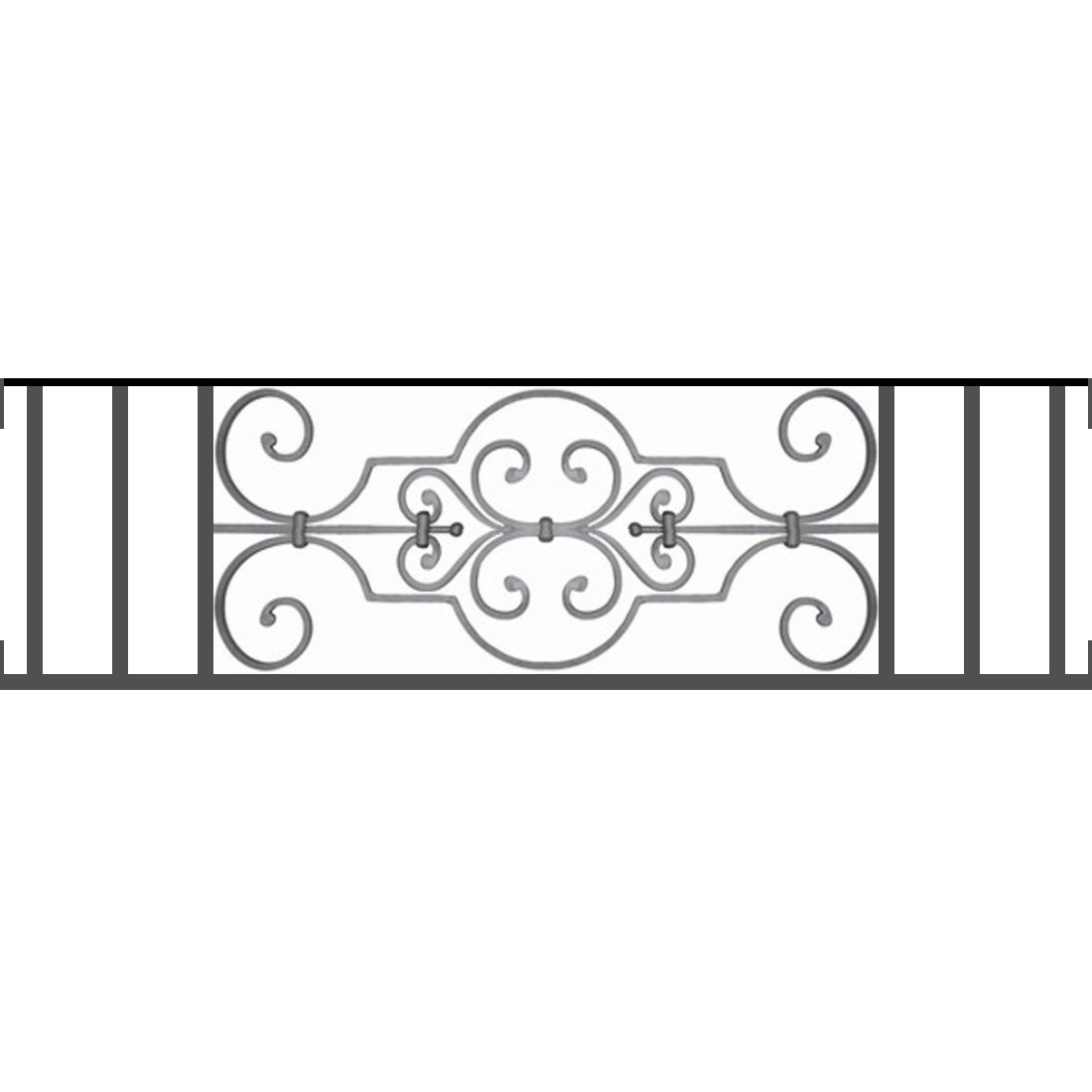 Appui de fenêtre type AF004 à visser dans votre tableau de fenêtre. Longueur finie de 1100mm et Hauteur finie de 314mm. Convient pour les tableaux de fenêtre de 1100mm. Main courante laminée de 1100mm de long en fer forgé sur le dessus. Motif au centre de 670mm de long par 290mm de haut. Le reste de la structure est en tube acier carré de 16mm de section.