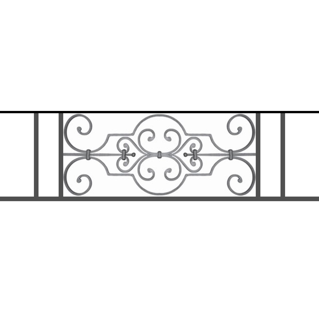 Appui de fenêtre type AF004 à sceller dans votre tableau de fenêtre. Longueur finie de 1110mm et Hauteur finie de 314mm. Convient pour les tableaux de fenêtre de 1010mm. 50mm de scellement sont prévue de chaque côté. Main courante laminée de 1010mm de long en fer forgé sur le dessus. Motif au centre de 670mm de long par 290mm de haut. Le reste de la structure est en tube acier carré de 16mm de section.