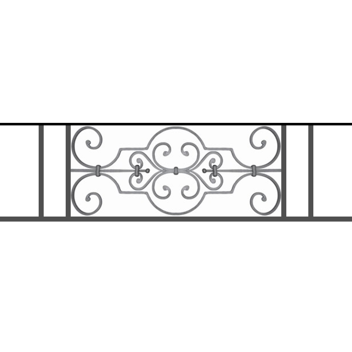 Appui de fenêtre type AF004 à sceller dans votre tableau de fenêtre. Longueur finie de 1120mm et Hauteur finie de 314mm. Convient pour les tableaux de fenêtre de 1020mm. 50mm de scellement sont prévue de chaque côté. Main courante laminée de 1020mm de long en fer forgé sur le dessus. Motif au centre de 670mm de long par 290mm de haut. Le reste de la structure est en tube acier carré de 16mm de section.