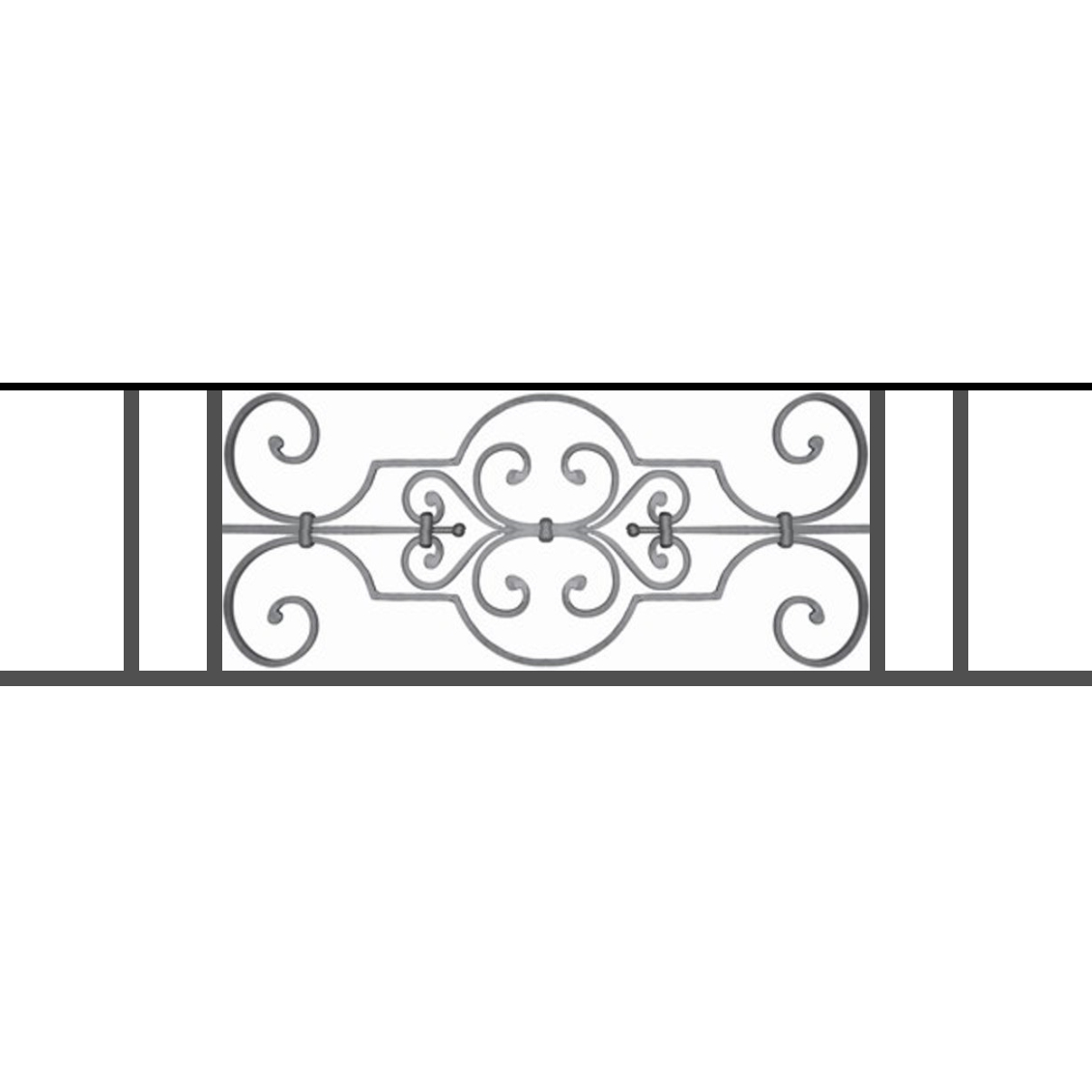 Appui de fenêtre type AF004 à sceller dans votre tableau de fenêtre. Longueur finie de 1130mm et Hauteur finie de 314mm. Convient pour les tableaux de fenêtre de 1030mm. 50mm de scellement sont prévue de chaque côté. Main courante laminée de 1030mm de long en fer forgé sur le dessus. Motif au centre de 670mm de long par 290mm de haut. Le reste de la structure est en tube acier carré de 16mm de section.