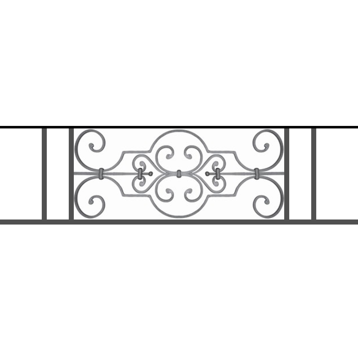 Appui de fenêtre type AF004 à sceller dans votre tableau de fenêtre. Longueur finie de 1140mm et Hauteur finie de 314mm. Convient pour les tableaux de fenêtre de 1040mm. 50mm de scellement sont prévue de chaque côté. Main courante laminée de 1040mm de long en fer forgé sur le dessus. Motif au centre de 670mm de long par 290mm de haut. Le reste de la structure est en tube acier carré de 16mm de section.