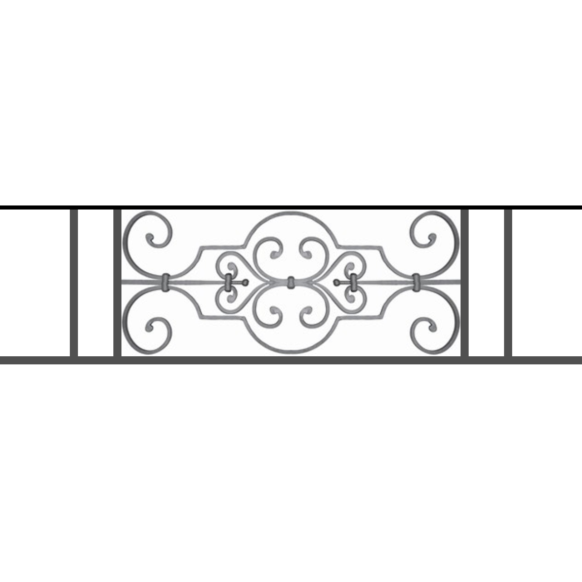 Appui de fenêtre type AF004 à sceller dans votre tableau de fenêtre. Longueur finie de 1150mm et Hauteur finie de 314mm. Convient pour les tableaux de fenêtre de 1050mm. 50mm de scellement sont prévue de chaque côté. Main courante laminée de 1050mm de long en fer forgé sur le dessus. Motif au centre de 670mm de long par 290mm de haut. Le reste de la structure est en tube acier carré de 16mm de section.