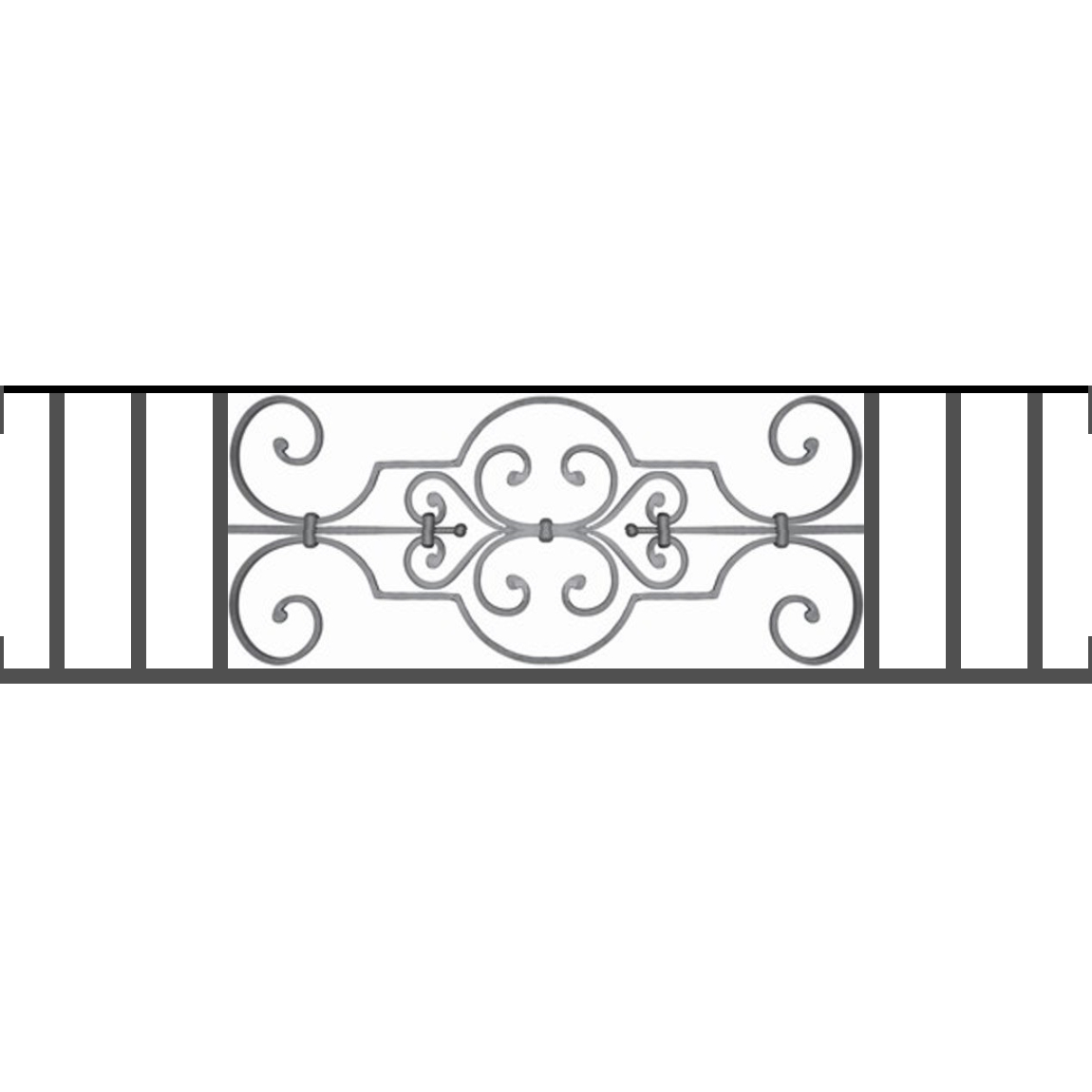 Appui de fenêtre type AF004 à visser dans votre tableau de fenêtre. Longueur finie de 1150mm et Hauteur finie de 314mm. Convient pour les tableaux de fenêtre de 1150mm. Main courante laminée de 1150mm de long en fer forgé sur le dessus. Motif au centre de 670mm de long par 290mm de haut. Le reste de la structure est en tube acier carré de 16mm de section.