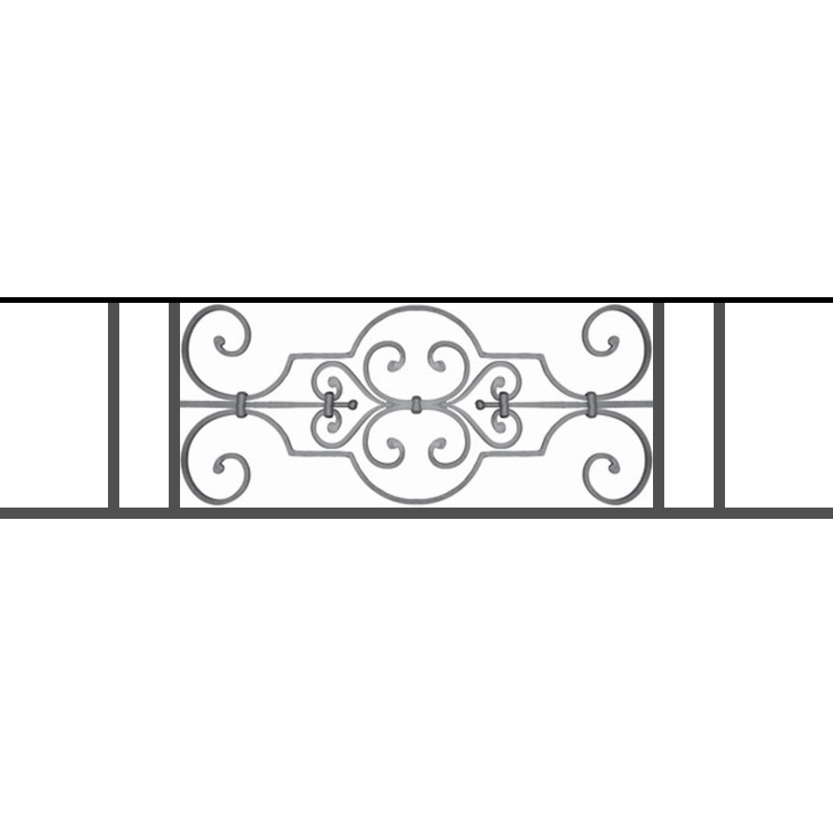 Appui de fenêtre type AF004 à sceller dans votre tableau de fenêtre. Longueur finie de 1180mm et Hauteur finie de 314mm. Convient pour les tableaux de fenêtre de 1080mm. 50mm de scellement sont prévue de chaque côté. Main courante laminée de 1080mm de long en fer forgé sur le dessus. Motif au centre de 670mm de long par 290mm de haut. Le reste de la structure est en tube acier carré de 16mm de section.
