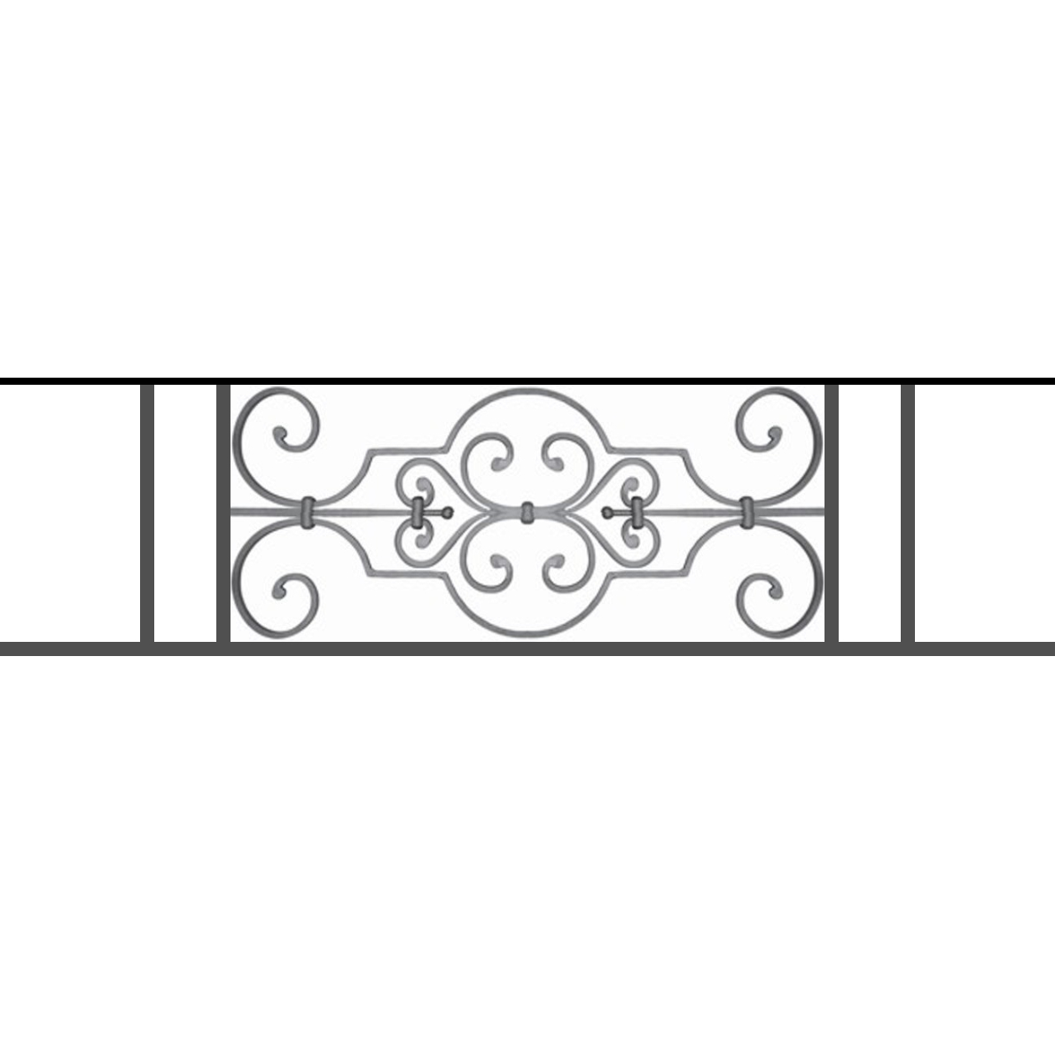 Appui de fenêtre type AF004 à sceller dans votre tableau de fenêtre. Longueur finie de 1190mm et Hauteur finie de 314mm. Convient pour les tableaux de fenêtre de 1090mm. 50mm de scellement sont prévue de chaque côté. Main courante laminée de 1090mm de long en fer forgé sur le dessus. Motif au centre de 670mm de long par 290mm de haut. Le reste de la structure est en tube acier carré de 16mm de section.